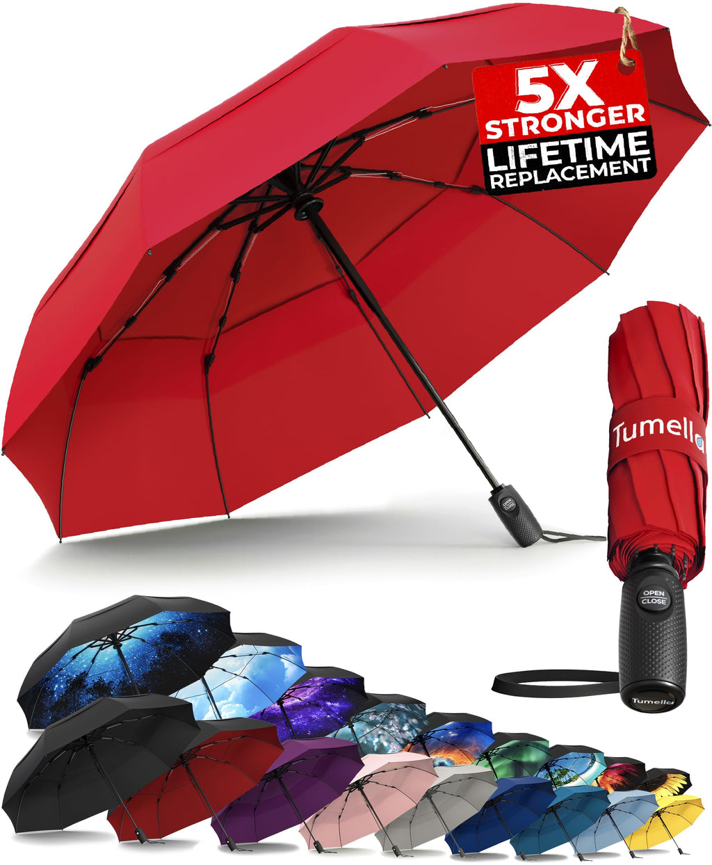 TUMELLA Strongest Windproof Travel Umbrella (Compact, 100MPH Wind-Tested), Light, Portable, One-Handed Use, Automatic Folding Rain Umbrella, Durable, Premium Grip, Fits Car & Backpack