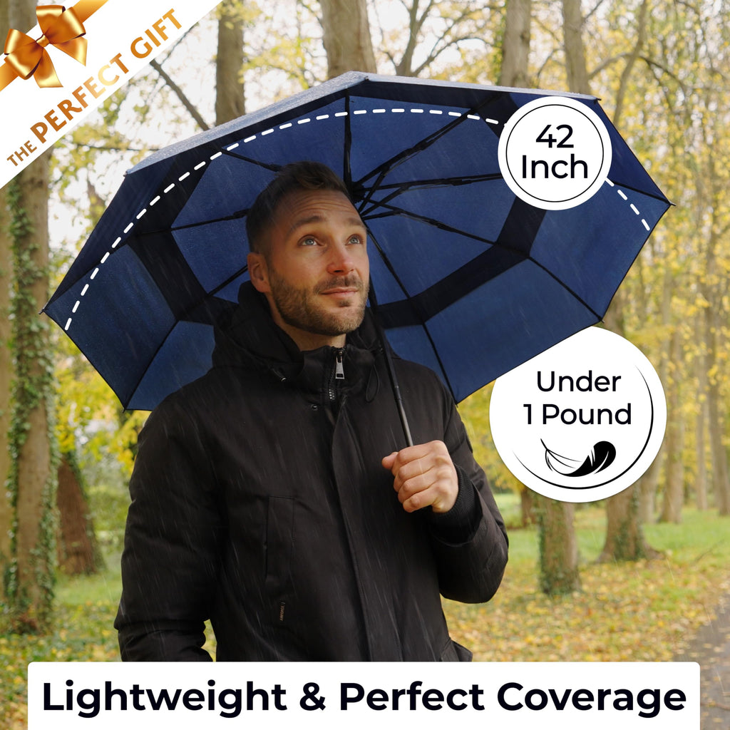 TUMELLA Strongest Windproof Travel Umbrella (Compact, 100MPH Wind-Tested), Light, Portable, One-Handed Use, Automatic Folding Rain Umbrella, Durable, Premium Grip, Fits Car & Backpack