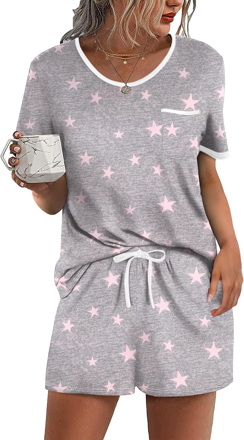 Ekouaer Pajamas for Womens Set 2 Piece Soft Sleepwear, Chest Pocket | Comfy Pjs, Casual Lounge Set, Short Sleeve Tops and Drawstring Shorts, Loungewear for Spring Summer Fall Winter