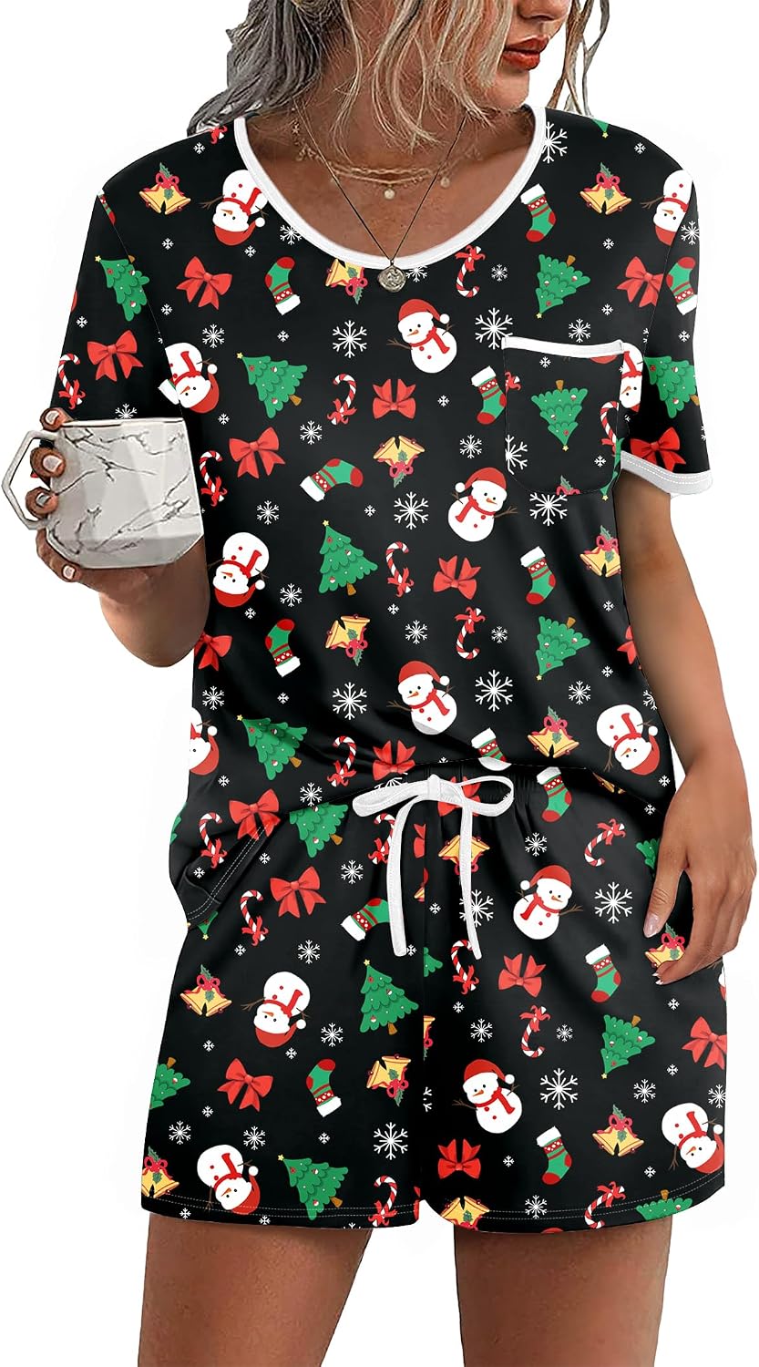 Ekouaer Pajamas for Womens Set 2 Piece Soft Sleepwear, Chest Pocket | Comfy Pjs, Casual Lounge Set, Short Sleeve Tops and Drawstring Shorts, Loungewear for Spring Summer Fall Winter