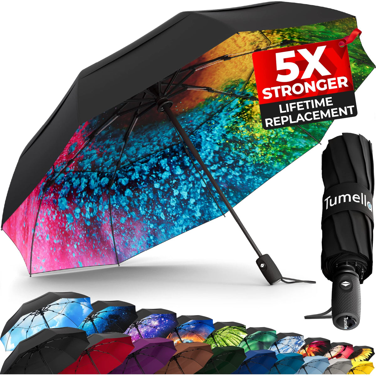 TUMELLA Strongest Windproof Travel Umbrella (Compact, 100MPH Wind-Tested), Light, Portable, One-Handed Use, Automatic Folding Rain Umbrella, Durable, Premium Grip, Fits Car & Backpack