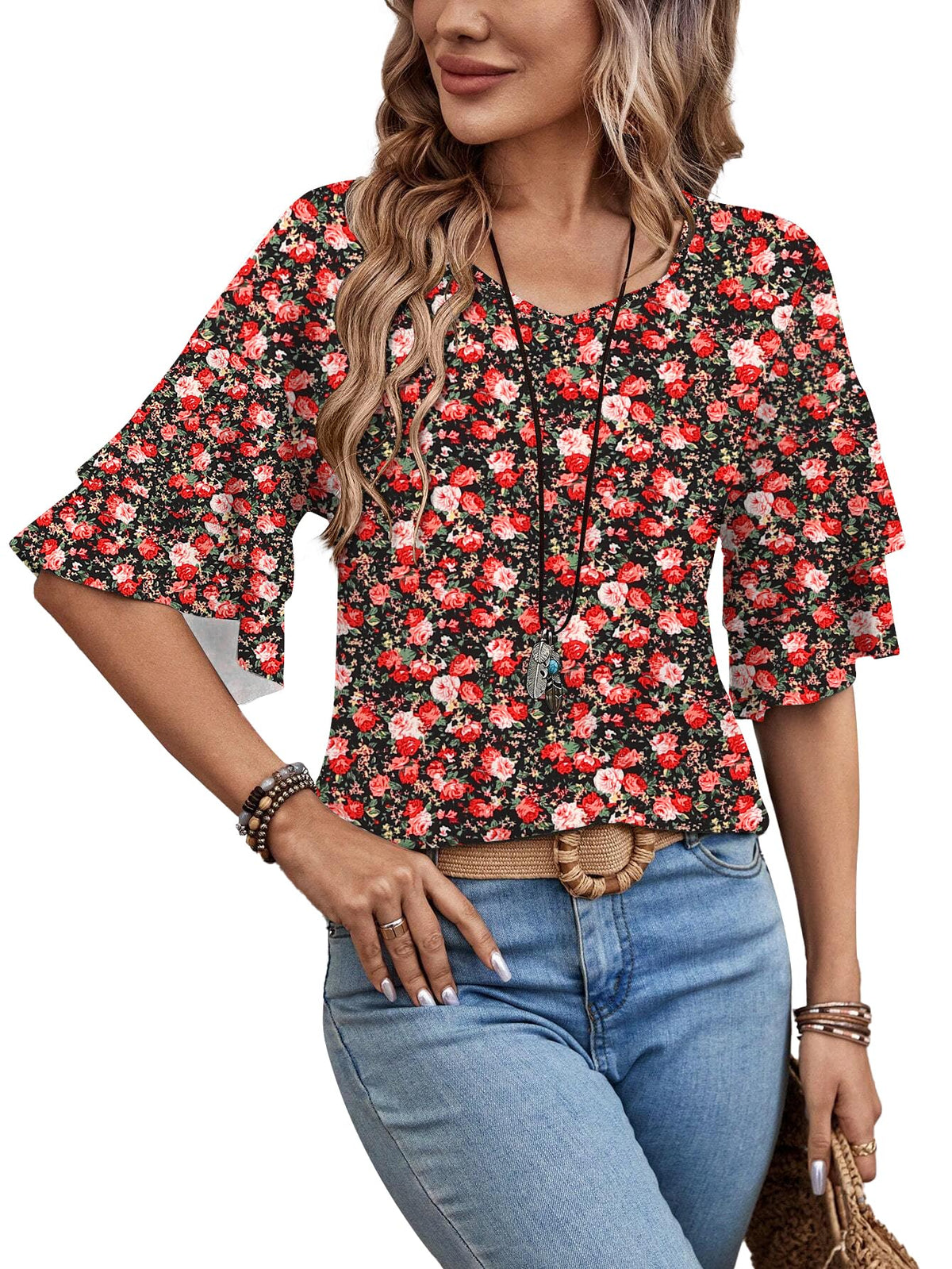 Sialois 3/4 Length Sleeve Tops Womens Blouses Ruffle V Neck Shirts Casual Tunic Spring Fall Clothes