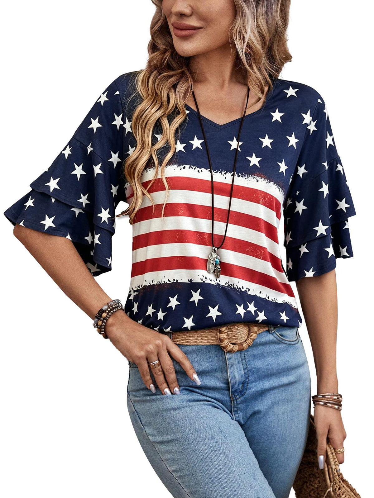 Sialois 3/4 Length Sleeve Tops Womens Blouses Ruffle V Neck Shirts Casual Tunic Spring Fall Clothes