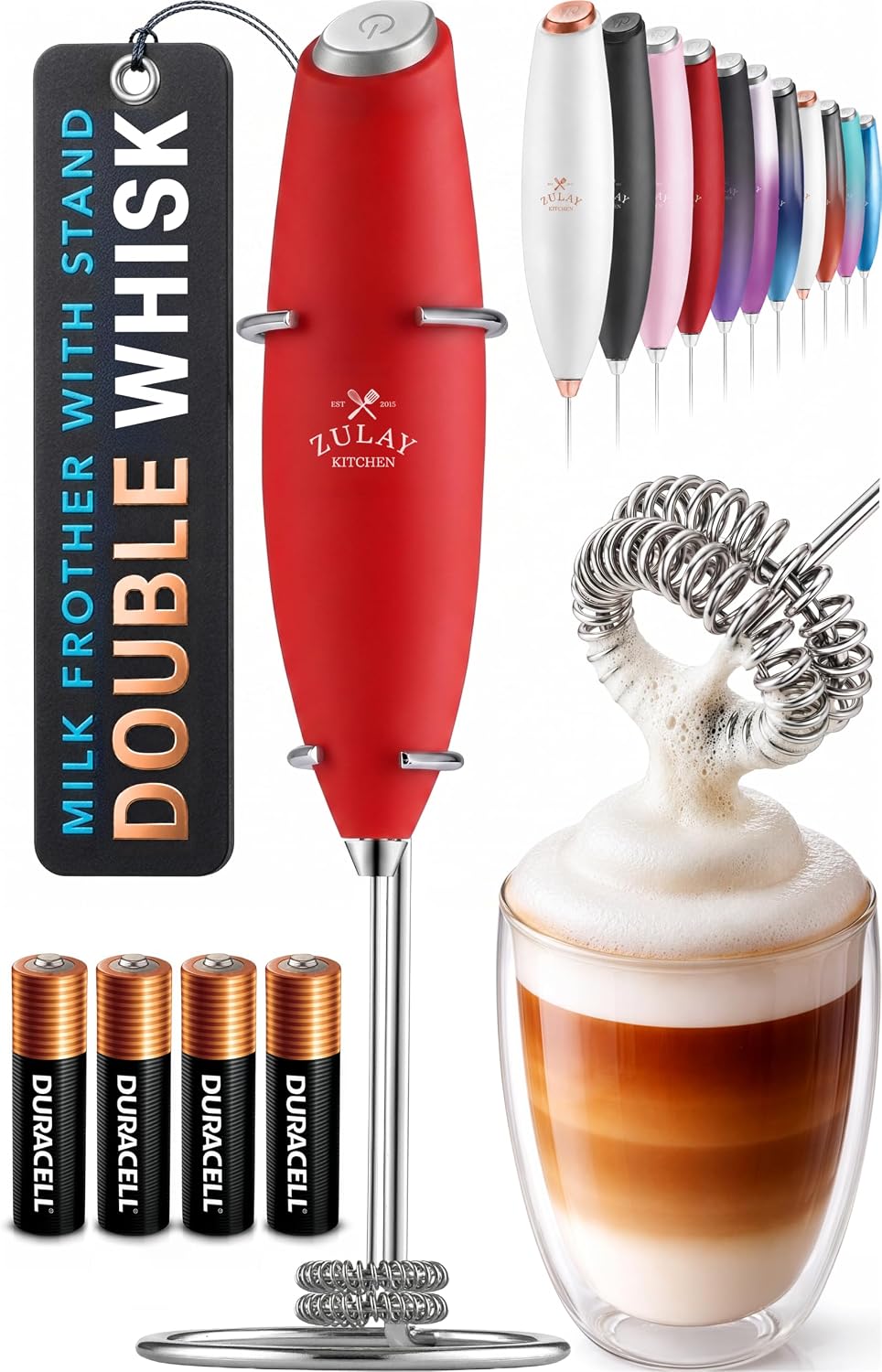 Zulay Kitchen Powerful Milk Frother Wand With Duracell Batteries - Ultra Fast Handheld Drink Mixer - Electric Whisk Foam Maker for Coffee, Lattes, Cappuccino & Matcha - Triple Whisk - Pale Cloud