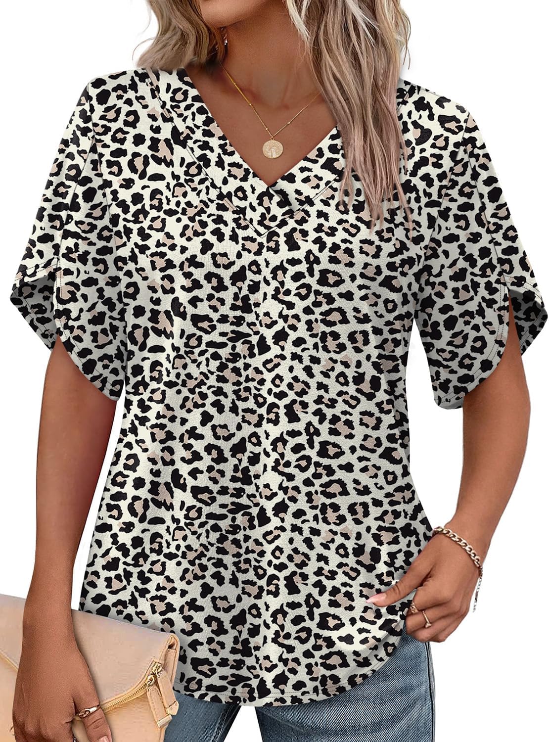 WIHOLL Womens Summer Tops Short Petal Sleeve Shirts Fashion V Neck Womens Clothing