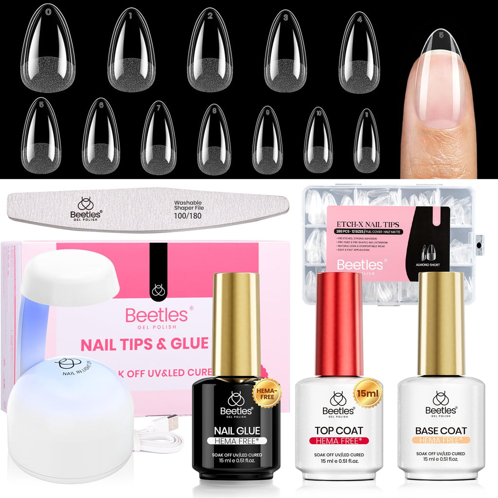 Beetles Soft Gel Nail Tips Short Almond 288pcs in 12 Sizes Etch-X | Pre-Etched Full Cover Acrylic Fake Nails, Salon Quality Nail Supplies, Easy DIY Extension Press On Nails, Gift for Women