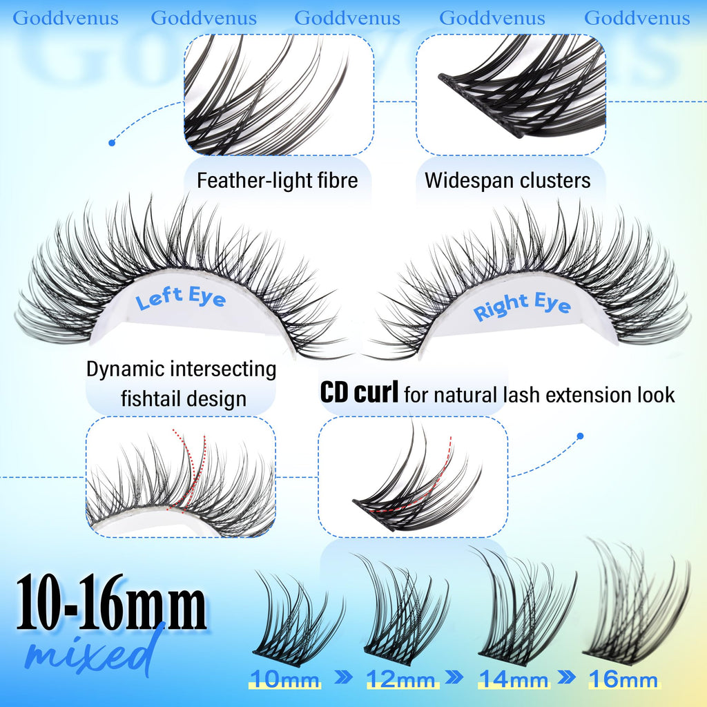 Goddvenus Lash Clusters Kit Wispy Eyelash Clusters Lashes Natural DIY Lash Extension Kit 10-16mm Cluster Eyelash Extensions Kit 300pcs C Curl Individual Lashes Cluster Eyelash (No Tweezers)