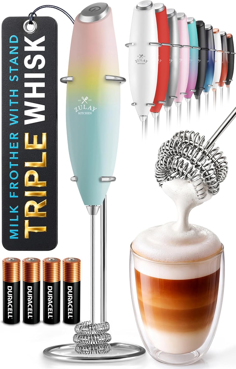 Zulay Kitchen Powerful Milk Frother Wand With Duracell Batteries - Ultra Fast Handheld Drink Mixer - Electric Whisk Foam Maker for Coffee, Lattes, Cappuccino & Matcha - Triple Whisk - Pale Cloud