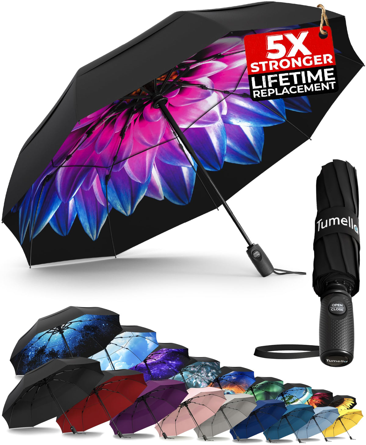 TUMELLA Strongest Windproof Travel Umbrella (Compact, 100MPH Wind-Tested), Light, Portable, One-Handed Use, Automatic Folding Rain Umbrella, Durable, Premium Grip, Fits Car & Backpack