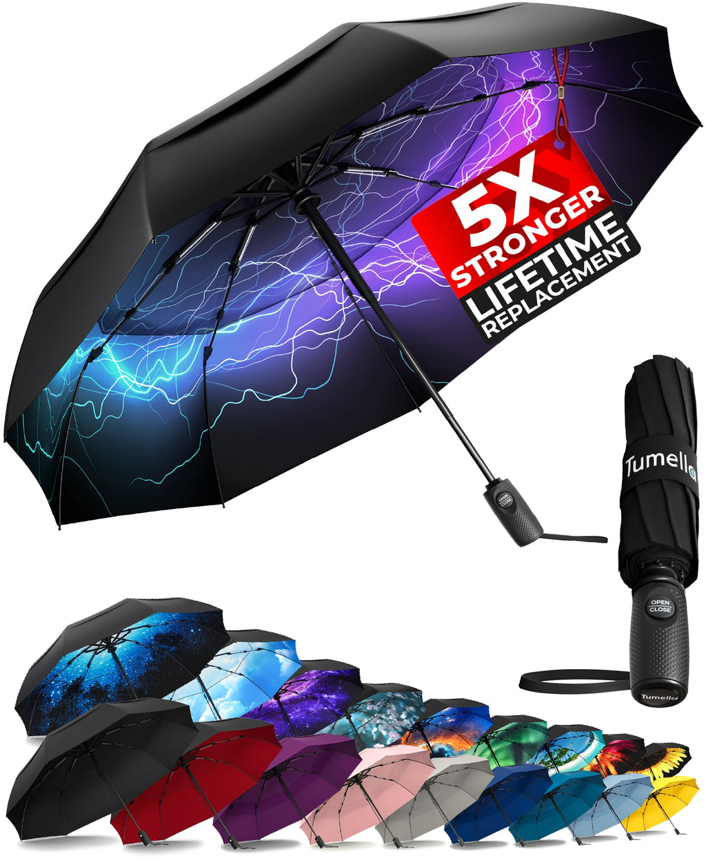TUMELLA Strongest Windproof Travel Umbrella (Compact, 100MPH Wind-Tested), Light, Portable, One-Handed Use, Automatic Folding Rain Umbrella, Durable, Premium Grip, Fits Car & Backpack