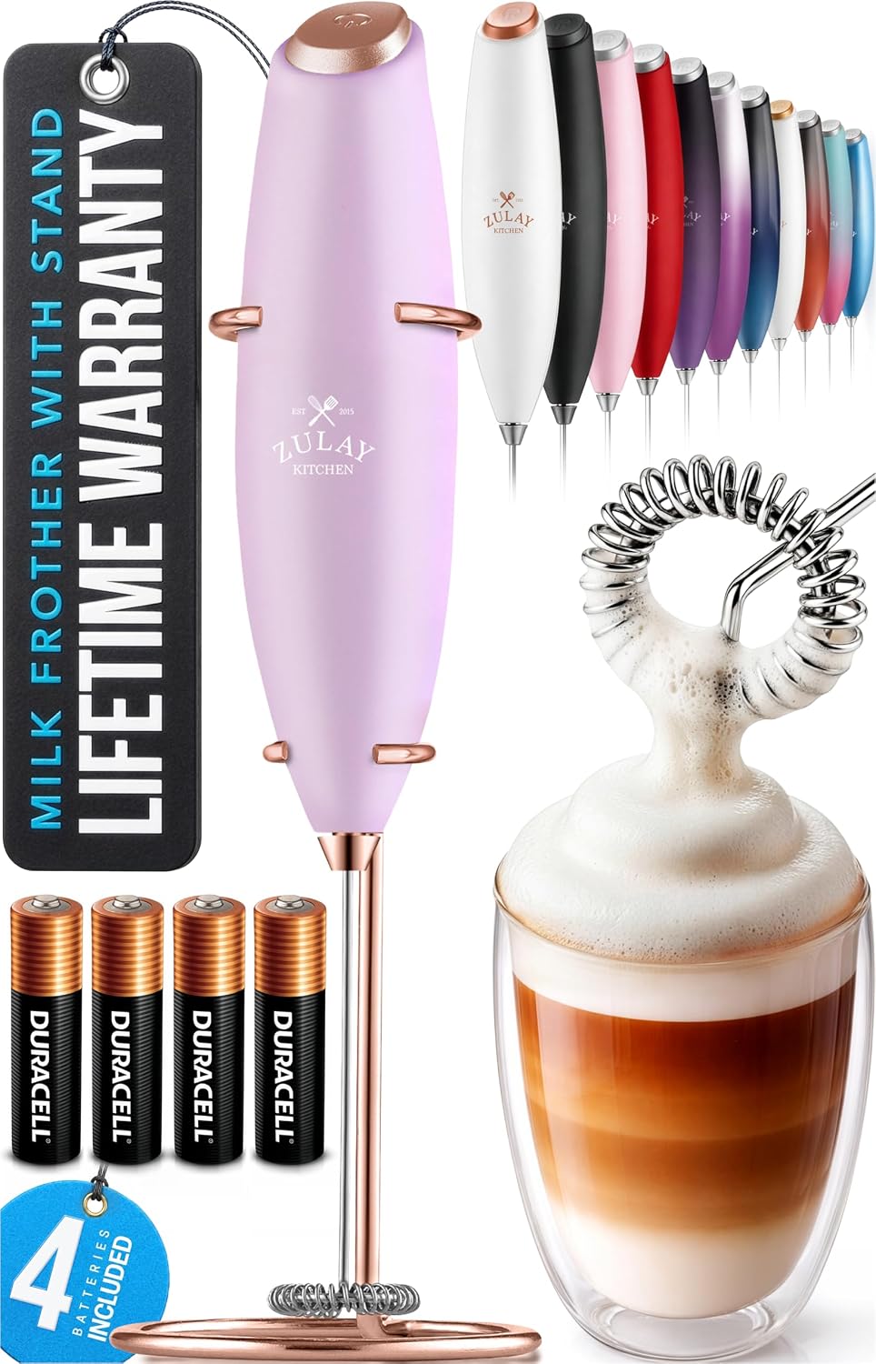 Zulay Kitchen Powerful Milk Frother Wand With Duracell Batteries - Ultra Fast Handheld Drink Mixer - Electric Whisk Foam Maker for Coffee, Lattes, Cappuccino & Matcha - Triple Whisk - Pale Cloud