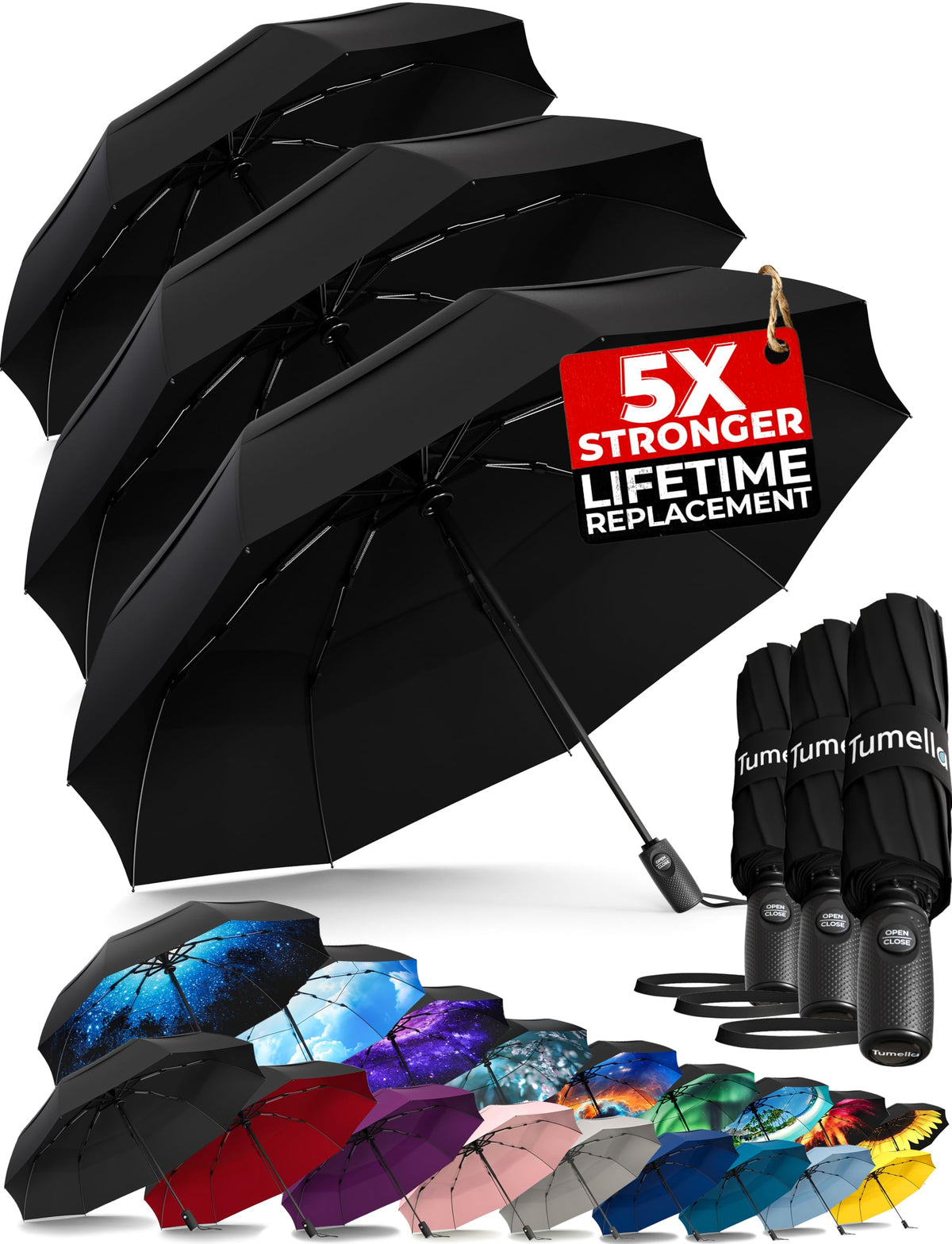 TUMELLA Strongest Windproof Travel Umbrella (Compact, 100MPH Wind-Tested), Light, Portable, One-Handed Use, Automatic Folding Rain Umbrella, Durable, Premium Grip, Fits Car & Backpack