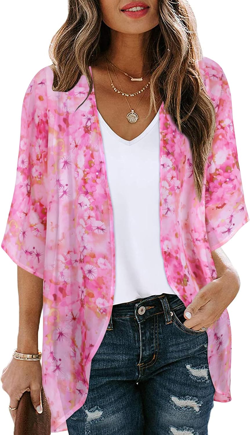 CHICGAL Womens Floral Kimono Cardigan Beach Cover Up Casual Summer Tops | 2026 Puff Sleeve Open Front Chiffon Outfit,Hawaiian Shirt,Beach Vacation Swimwear, Plus Top,Boho ladies Blouse,Cruise Resort