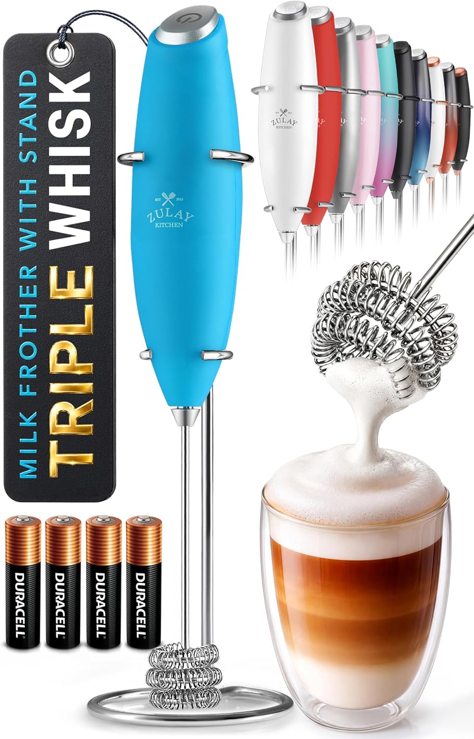 Zulay Kitchen Powerful Milk Frother Wand With Duracell Batteries - Ultra Fast Handheld Drink Mixer - Electric Whisk Foam Maker for Coffee, Lattes, Cappuccino & Matcha - Triple Whisk - Pale Cloud