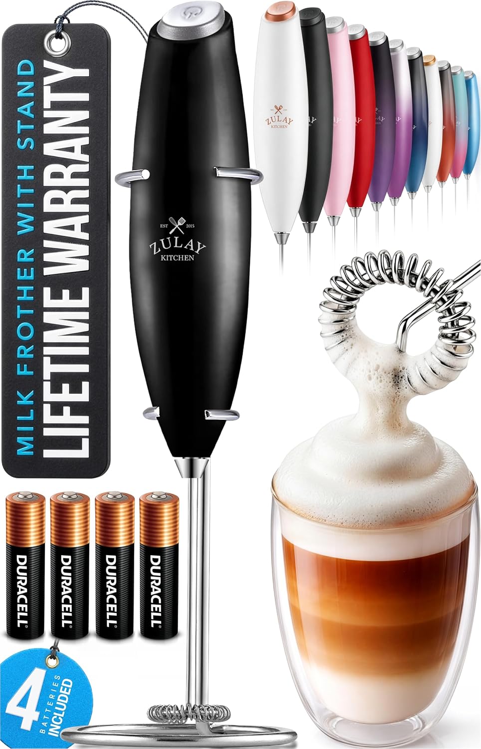 Zulay Kitchen Powerful Milk Frother Wand With Duracell Batteries - Ultra Fast Handheld Drink Mixer - Electric Whisk Foam Maker for Coffee, Lattes, Cappuccino & Matcha - Triple Whisk - Pale Cloud