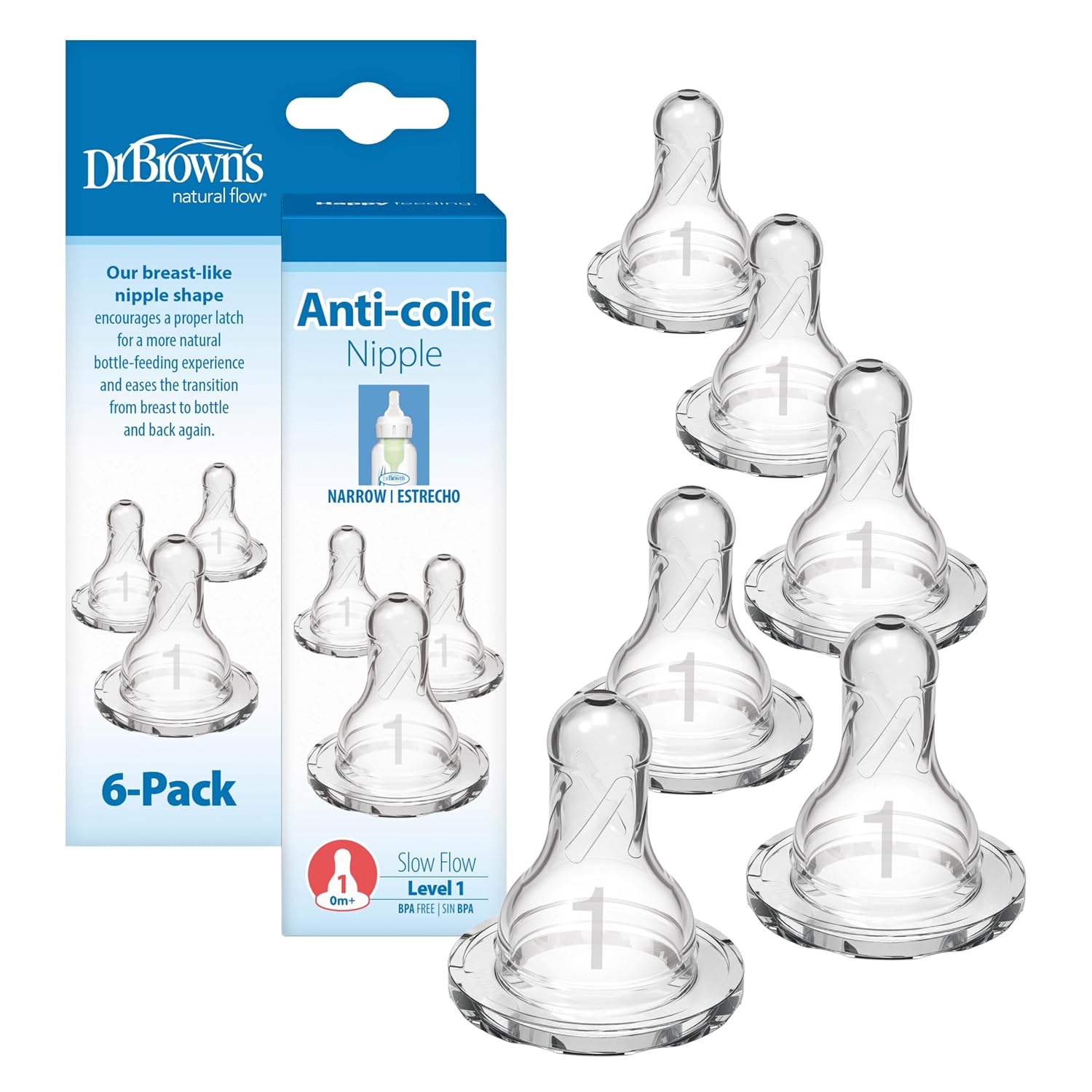 Dr. Brown's Natural Flow Level 3 Narrow Baby Bottle Nipple, Medium-Fast Flow, 6m+, 100% Silicone, 6 Count