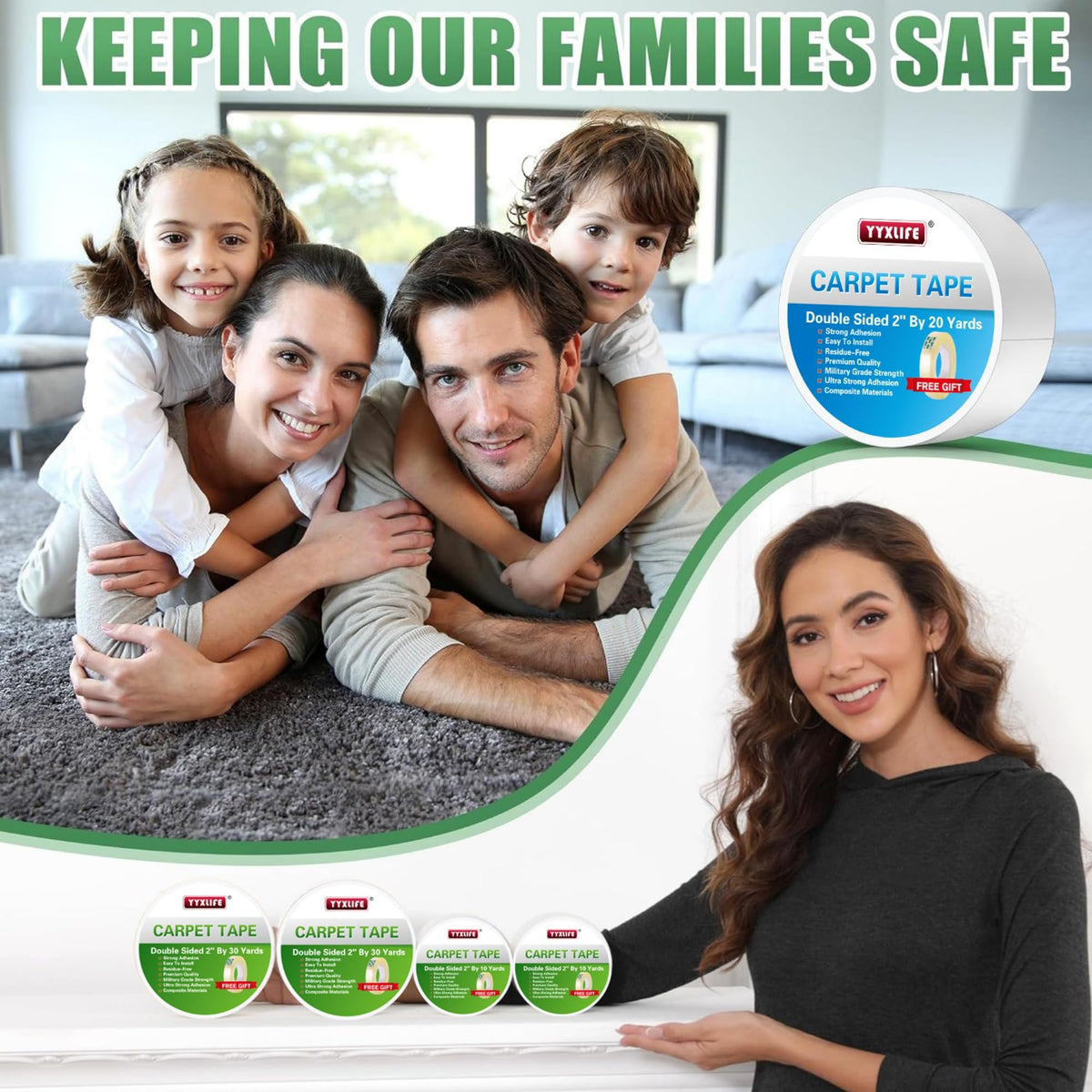 YYXLIFE Double Sided Carpet Tape for Area Rugs & Hardwood Floors, 2" x10YD