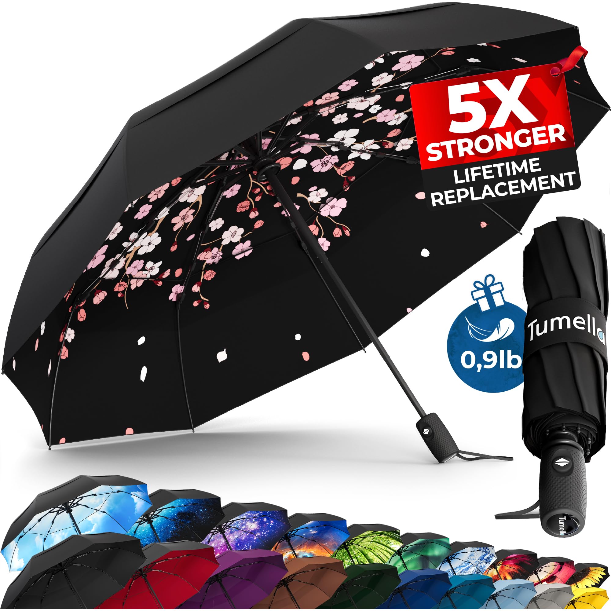 TUMELLA Strongest Windproof Travel Umbrella (Compact, 100MPH Wind-Tested), Light, Portable, One-Handed Use, Automatic Folding Rain Umbrella, Durable, Premium Grip, Fits Car & Backpack