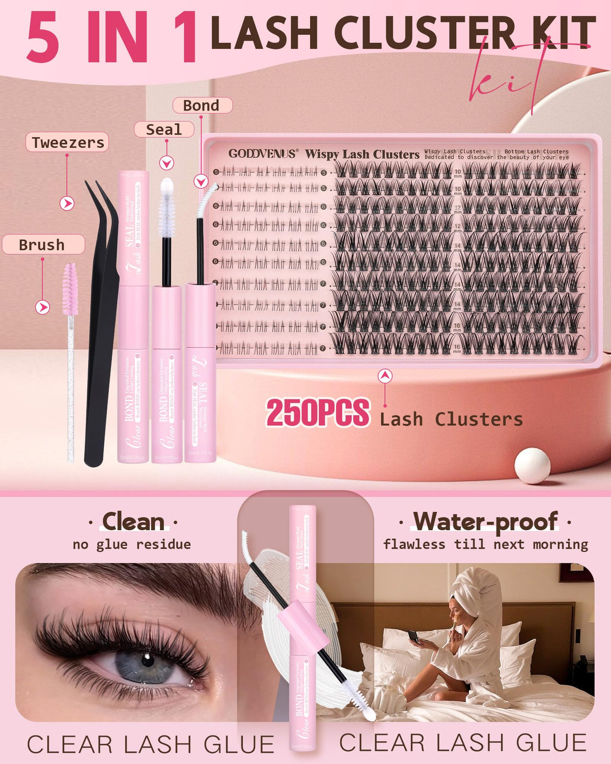 Goddvenus Lash Clusters Kit Wispy Eyelash Clusters Lashes Natural DIY Lash Extension Kit 10-16mm Cluster Eyelash Extensions Kit 300pcs C Curl Individual Lashes Cluster Eyelash (No Tweezers)