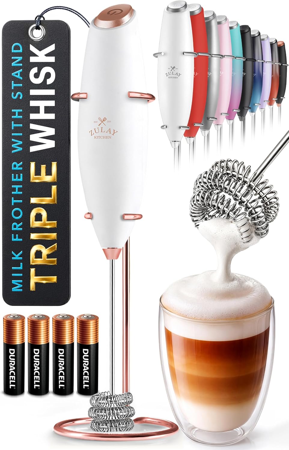Zulay Kitchen Powerful Milk Frother Wand With Duracell Batteries - Ultra Fast Handheld Drink Mixer - Electric Whisk Foam Maker for Coffee, Lattes, Cappuccino & Matcha - Triple Whisk - Pale Cloud