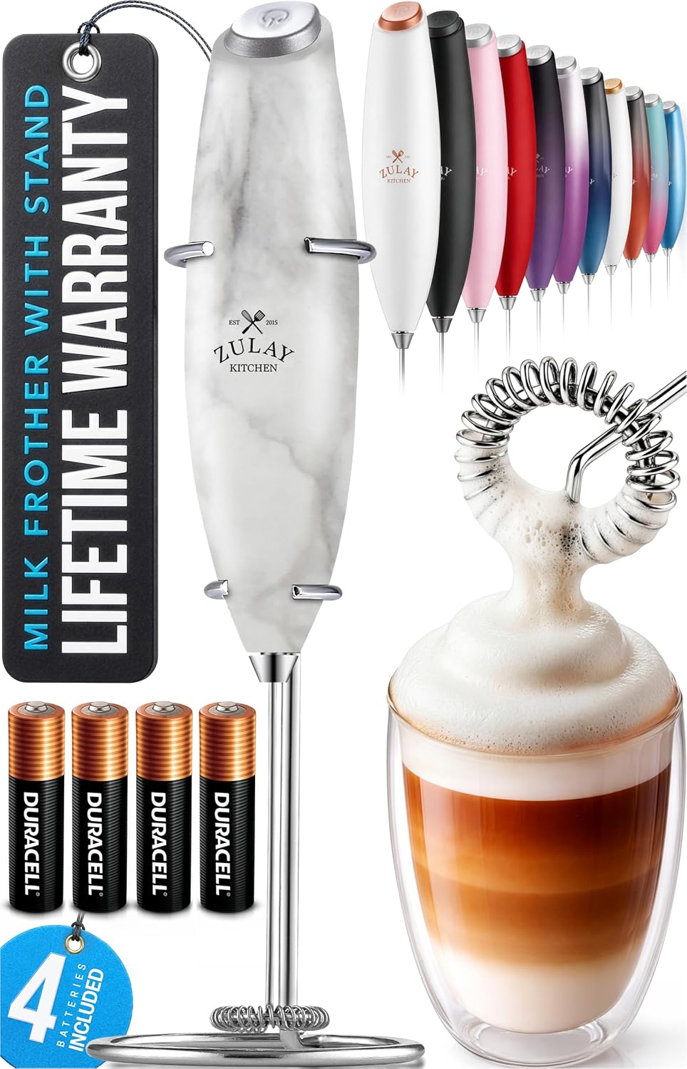 Zulay Kitchen Powerful Milk Frother Wand With Duracell Batteries - Ultra Fast Handheld Drink Mixer - Electric Whisk Foam Maker for Coffee, Lattes, Cappuccino & Matcha - Triple Whisk - Pale Cloud