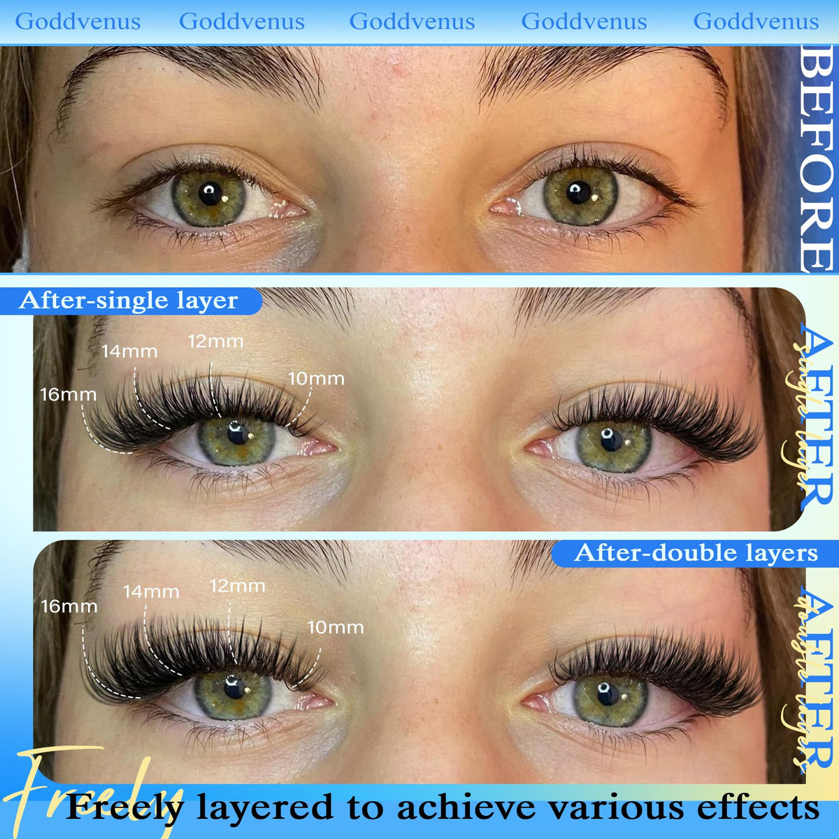Goddvenus Lash Clusters Kit Wispy Eyelash Clusters Lashes Natural DIY Lash Extension Kit 10-16mm Cluster Eyelash Extensions Kit 300pcs C Curl Individual Lashes Cluster Eyelash (No Tweezers)