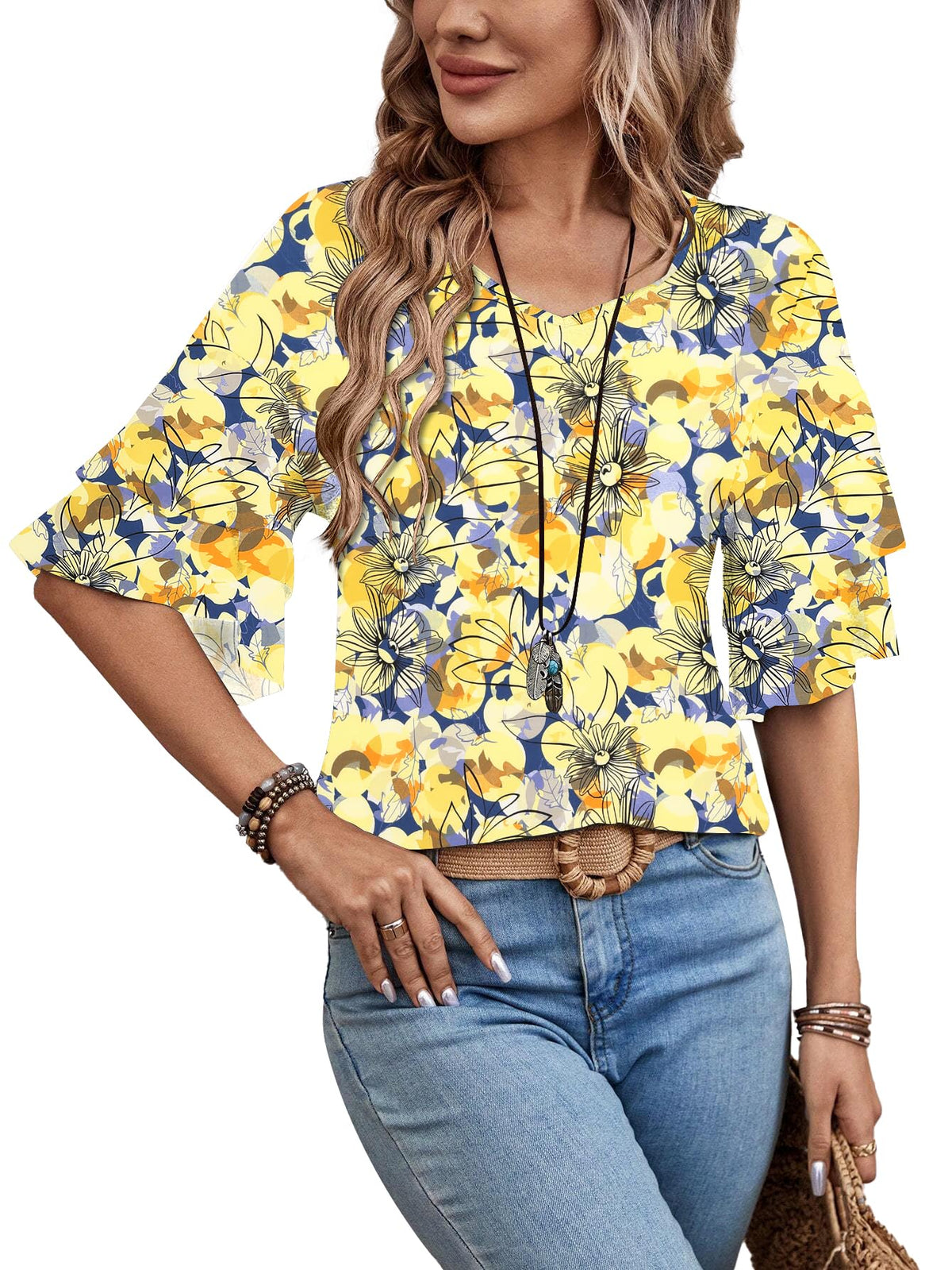 Sialois 3/4 Length Sleeve Tops Womens Blouses Ruffle V Neck Shirts Casual Tunic Spring Fall Clothes