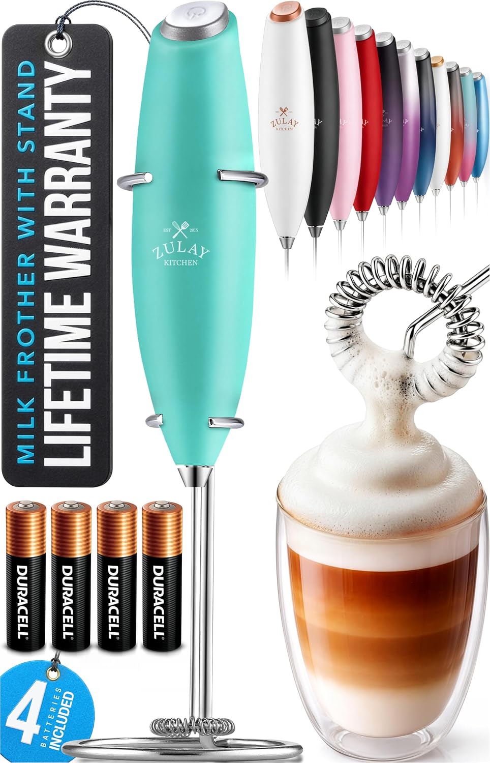 Zulay Kitchen Powerful Milk Frother Wand With Duracell Batteries - Ultra Fast Handheld Drink Mixer - Electric Whisk Foam Maker for Coffee, Lattes, Cappuccino & Matcha - Triple Whisk - Pale Cloud
