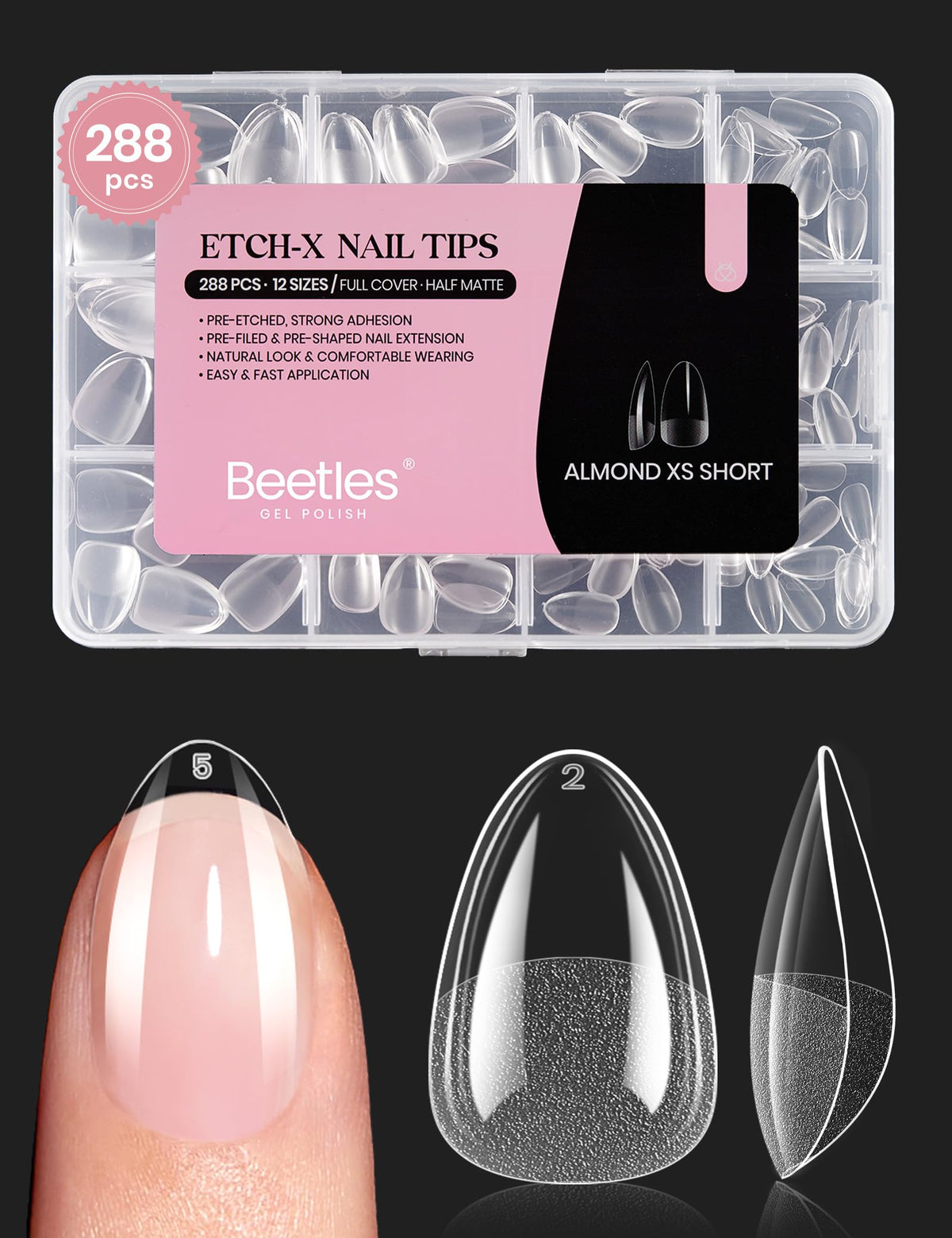 Beetles Soft Gel Nail Tips Short Almond 288pcs in 12 Sizes Etch-X | Pre-Etched Full Cover Acrylic Fake Nails, Salon Quality Nail Supplies, Easy DIY Extension Press On Nails, Gift for Women
