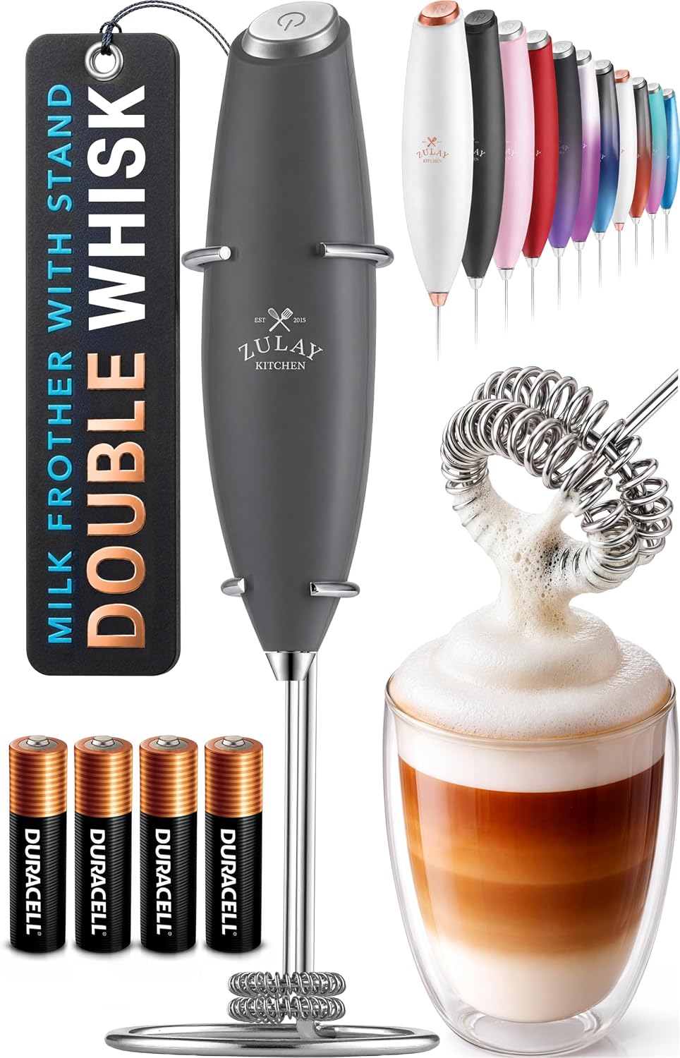 Zulay Kitchen Powerful Milk Frother Wand With Duracell Batteries - Ultra Fast Handheld Drink Mixer - Electric Whisk Foam Maker for Coffee, Lattes, Cappuccino & Matcha - Triple Whisk - Pale Cloud
