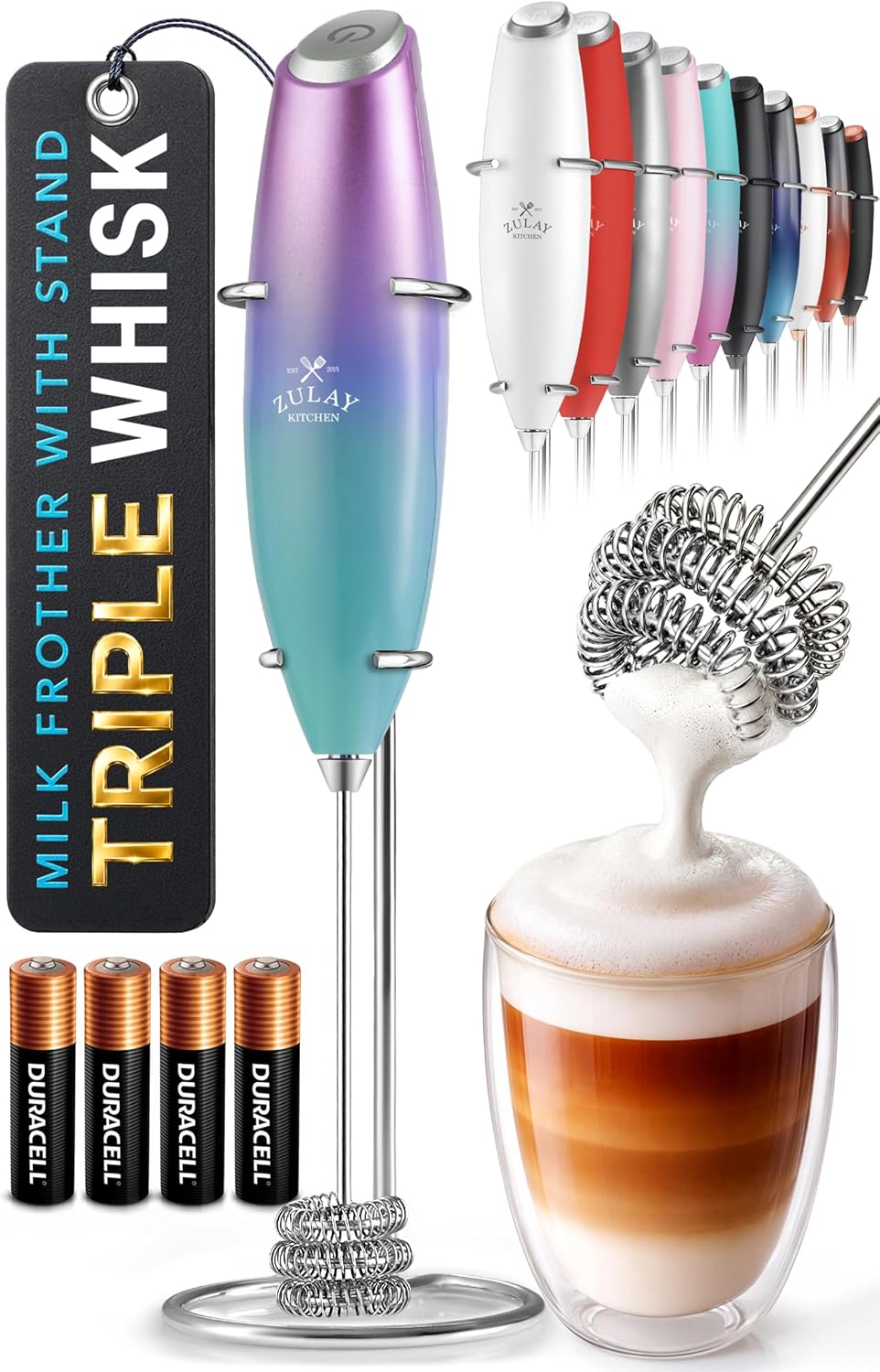 Zulay Kitchen Powerful Milk Frother Wand With Duracell Batteries - Ultra Fast Handheld Drink Mixer - Electric Whisk Foam Maker for Coffee, Lattes, Cappuccino & Matcha - Triple Whisk - Pale Cloud