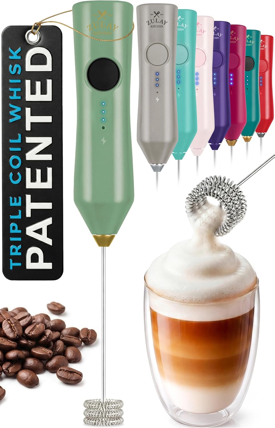 Zulay Kitchen Powerful Milk Frother Wand With Duracell Batteries - Ultra Fast Handheld Drink Mixer - Electric Whisk Foam Maker for Coffee, Lattes, Cappuccino & Matcha - Triple Whisk - Pale Cloud