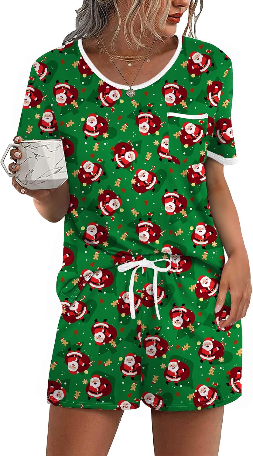 Ekouaer Pajamas for Womens Set 2 Piece Soft Sleepwear, Chest Pocket | Comfy Pjs, Casual Lounge Set, Short Sleeve Tops and Drawstring Shorts, Loungewear for Spring Summer Fall Winter