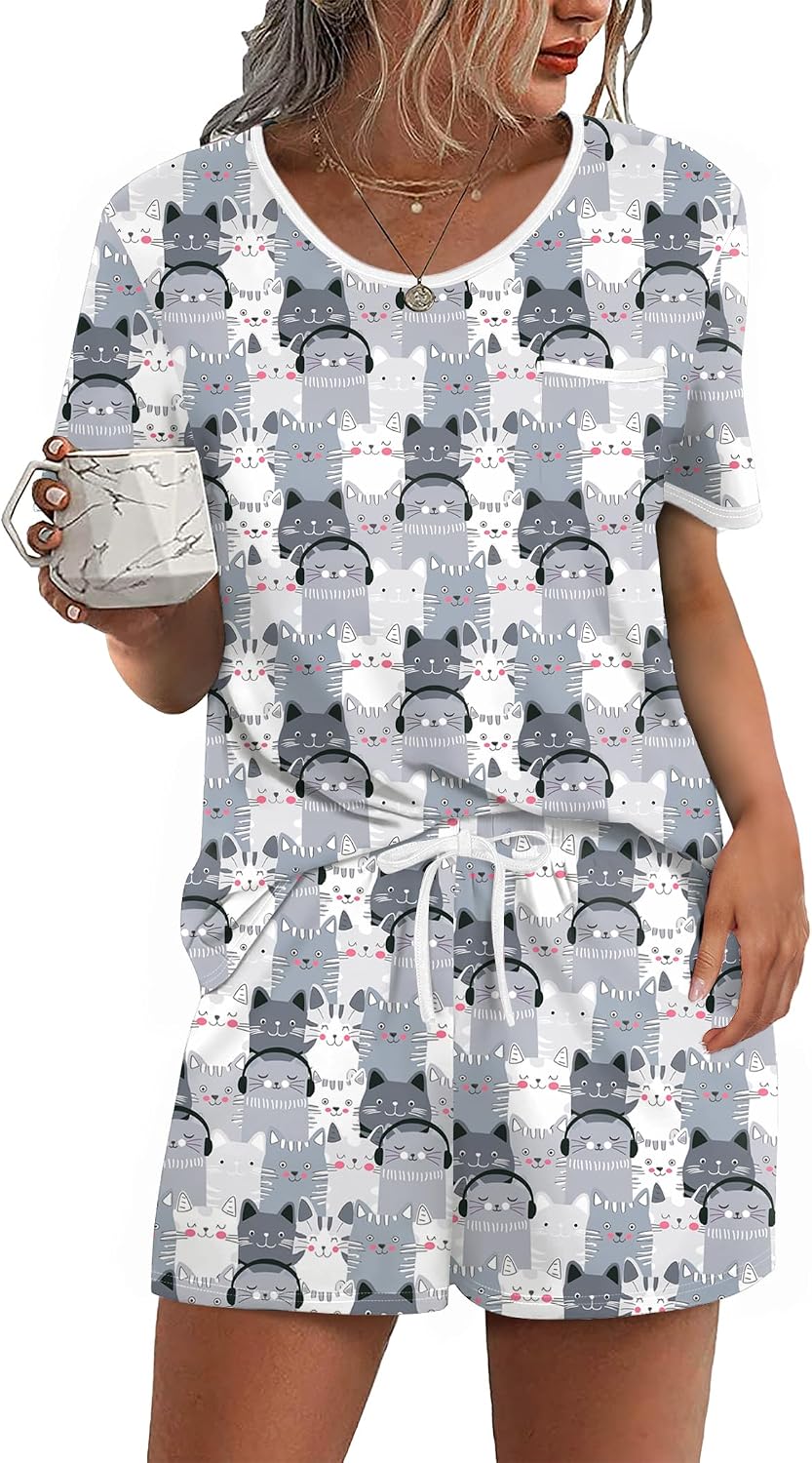 Ekouaer Pajamas for Womens Set 2 Piece Soft Sleepwear, Chest Pocket | Comfy Pjs, Casual Lounge Set, Short Sleeve Tops and Drawstring Shorts, Loungewear for Spring Summer Fall Winter