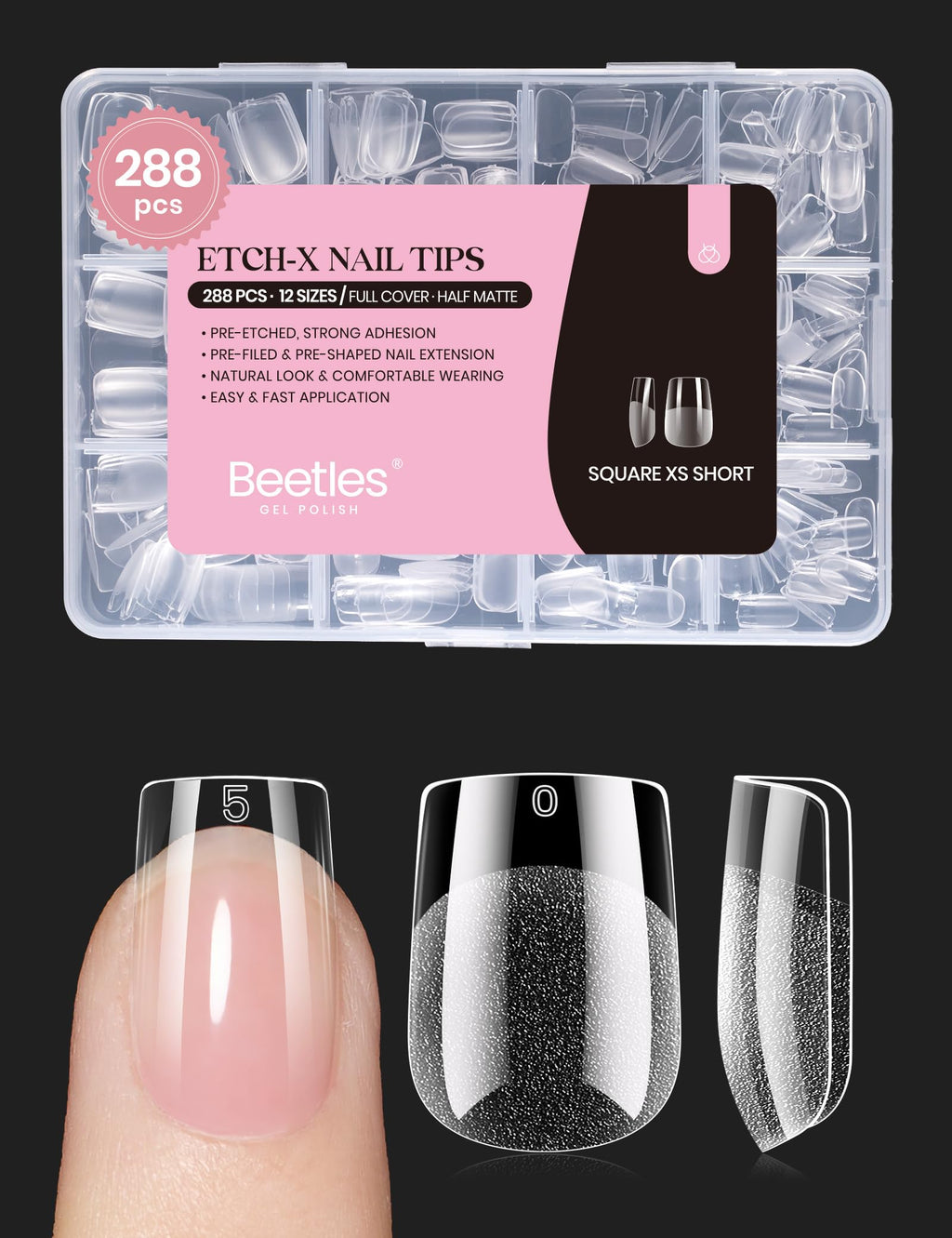 Beetles Soft Gel Nail Tips Short Almond 288pcs in 12 Sizes Etch-X | Pre-Etched Full Cover Acrylic Fake Nails, Salon Quality Nail Supplies, Easy DIY Extension Press On Nails, Gift for Women