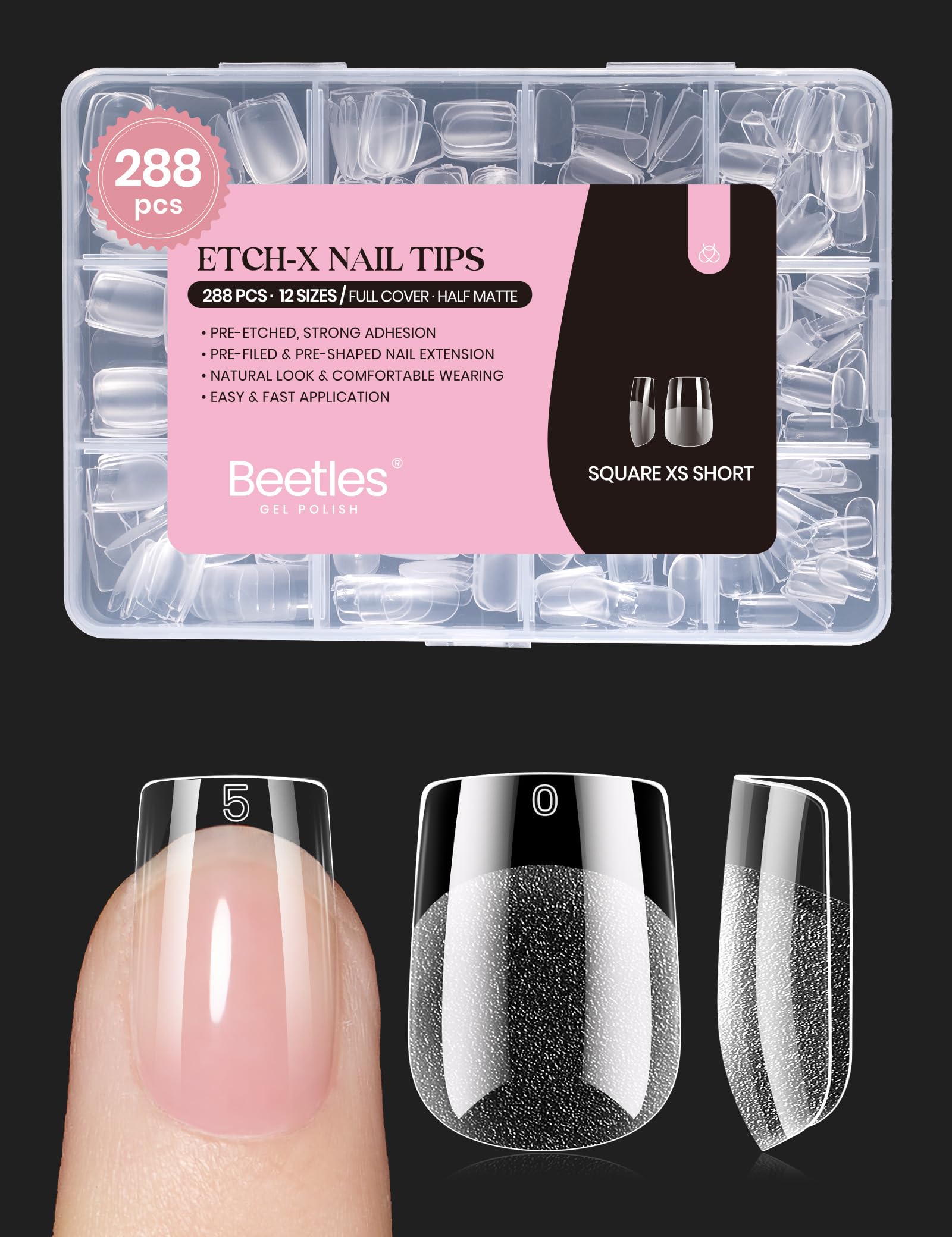 Beetles Soft Gel Nail Tips Short Almond 288pcs in 12 Sizes Etch-X | Pre-Etched Full Cover Acrylic Fake Nails, Salon Quality Nail Supplies, Easy DIY Extension Press On Nails, Gift for Women