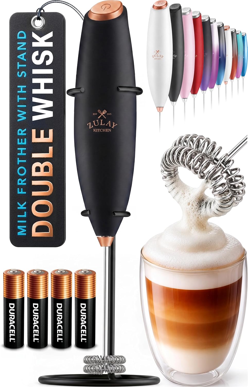 Zulay Kitchen Powerful Milk Frother Wand With Duracell Batteries - Ultra Fast Handheld Drink Mixer - Electric Whisk Foam Maker for Coffee, Lattes, Cappuccino & Matcha - Triple Whisk - Pale Cloud