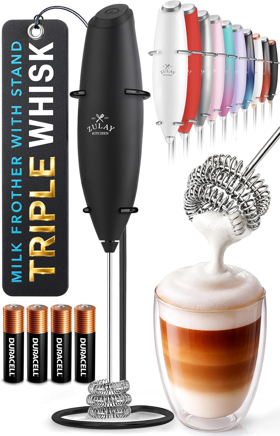 Zulay Kitchen Powerful Milk Frother Wand With Duracell Batteries - Ultra Fast Handheld Drink Mixer - Electric Whisk Foam Maker for Coffee, Lattes, Cappuccino & Matcha - Triple Whisk - Pale Cloud