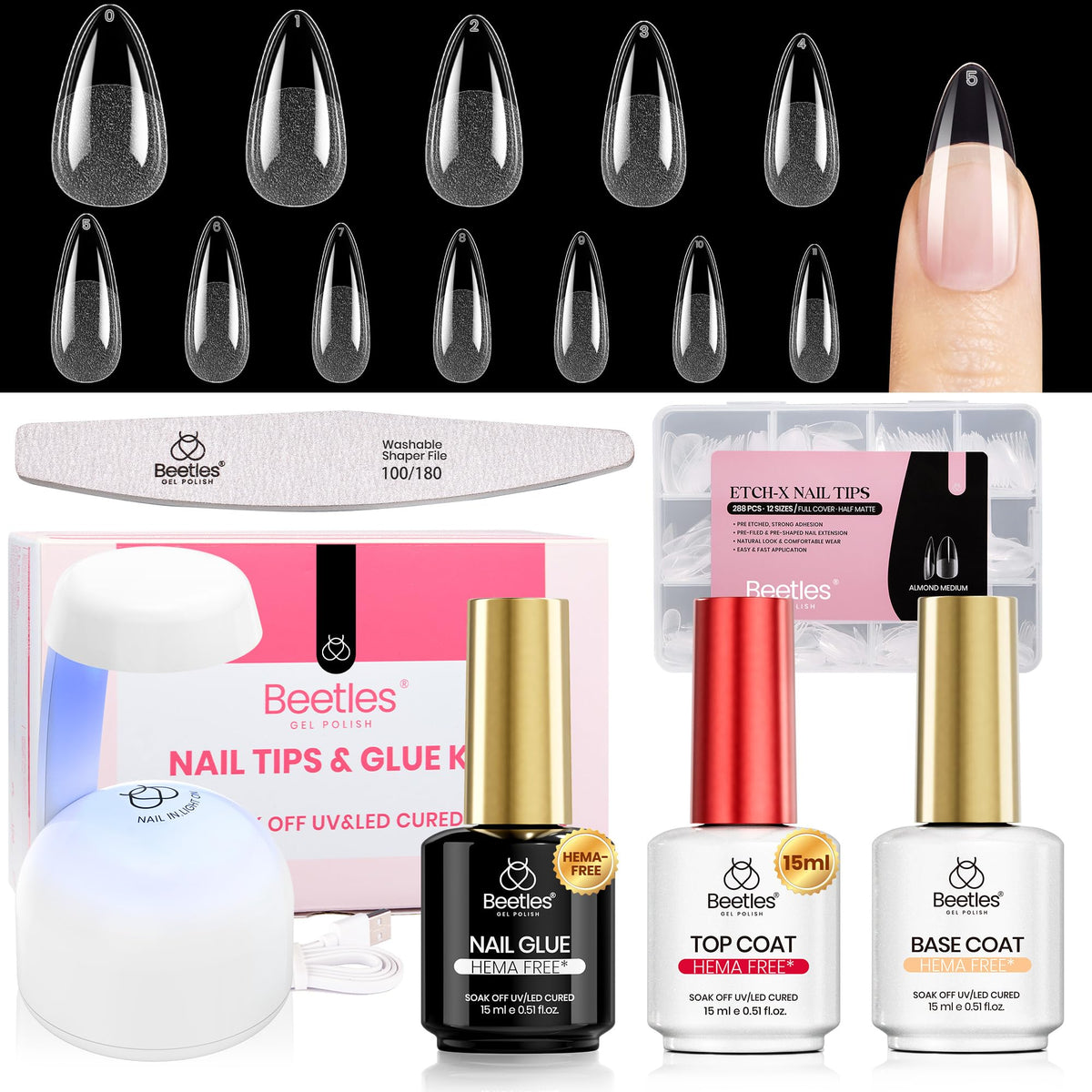Beetles Soft Gel Nail Tips Short Almond 288pcs in 12 Sizes Etch-X | Pre-Etched Full Cover Acrylic Fake Nails, Salon Quality Nail Supplies, Easy DIY Extension Press On Nails, Gift for Women