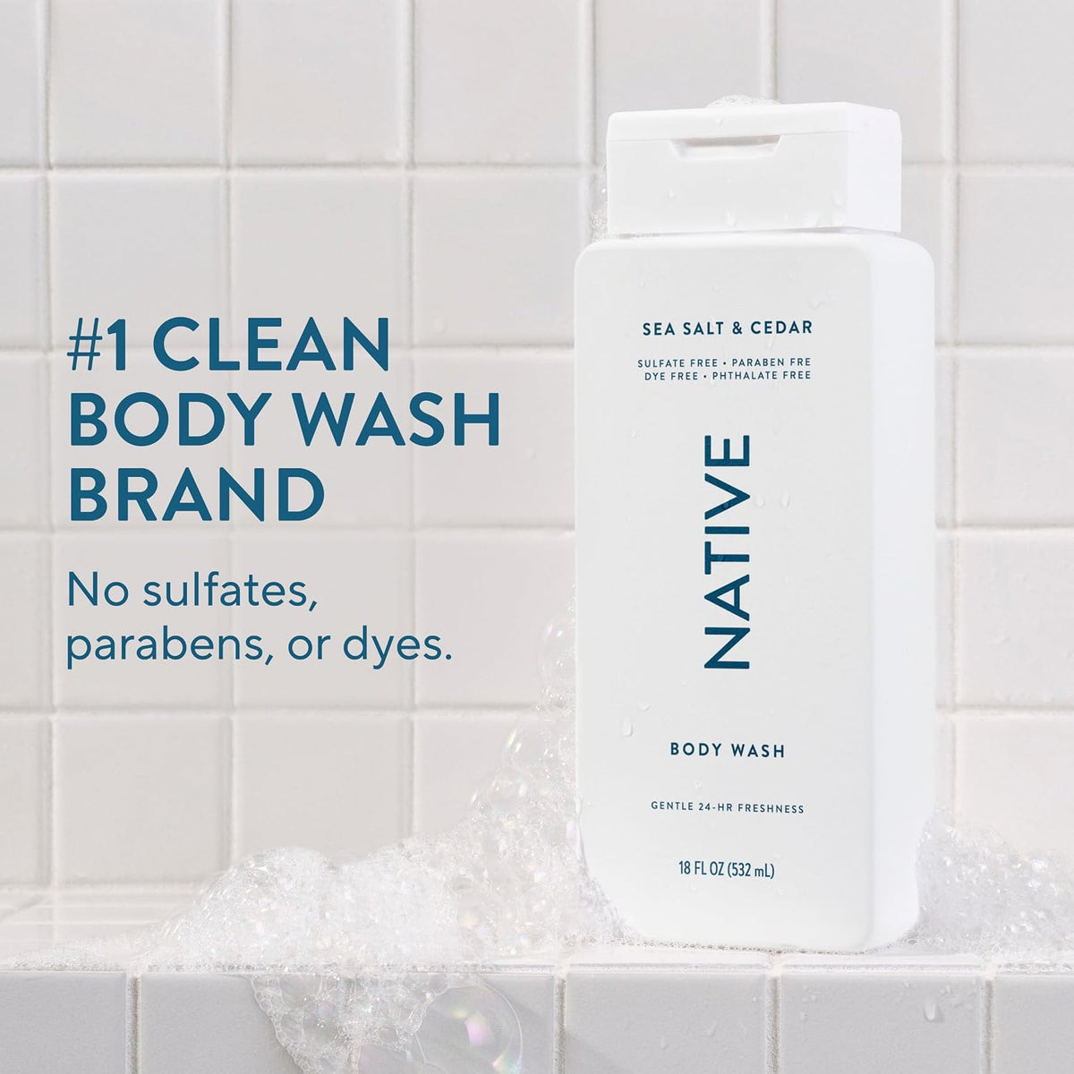 Native Clean Body Wash, Gentle & pH-balanced for Sensitive Skin, 24-Hr Freshness for Men & Women, Vegan & Cruelty-Free, Free of Sulfates, Parabens & Phthalates, Sea Salt & Cedar, 18 fl oz