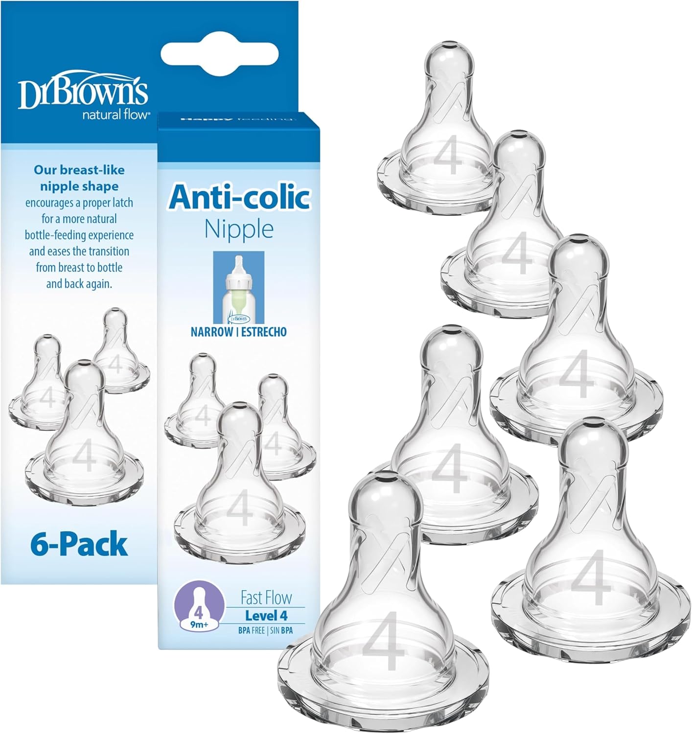 Dr. Brown's Natural Flow Level 3 Narrow Baby Bottle Nipple, Medium-Fast Flow, 6m+, 100% Silicone, 6 Count