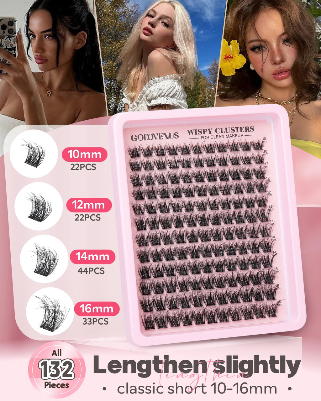 Goddvenus Lash Clusters Kit Wispy Eyelash Clusters Lashes Natural DIY Lash Extension Kit 10-16mm Cluster Eyelash Extensions Kit 300pcs C Curl Individual Lashes Cluster Eyelash (No Tweezers)