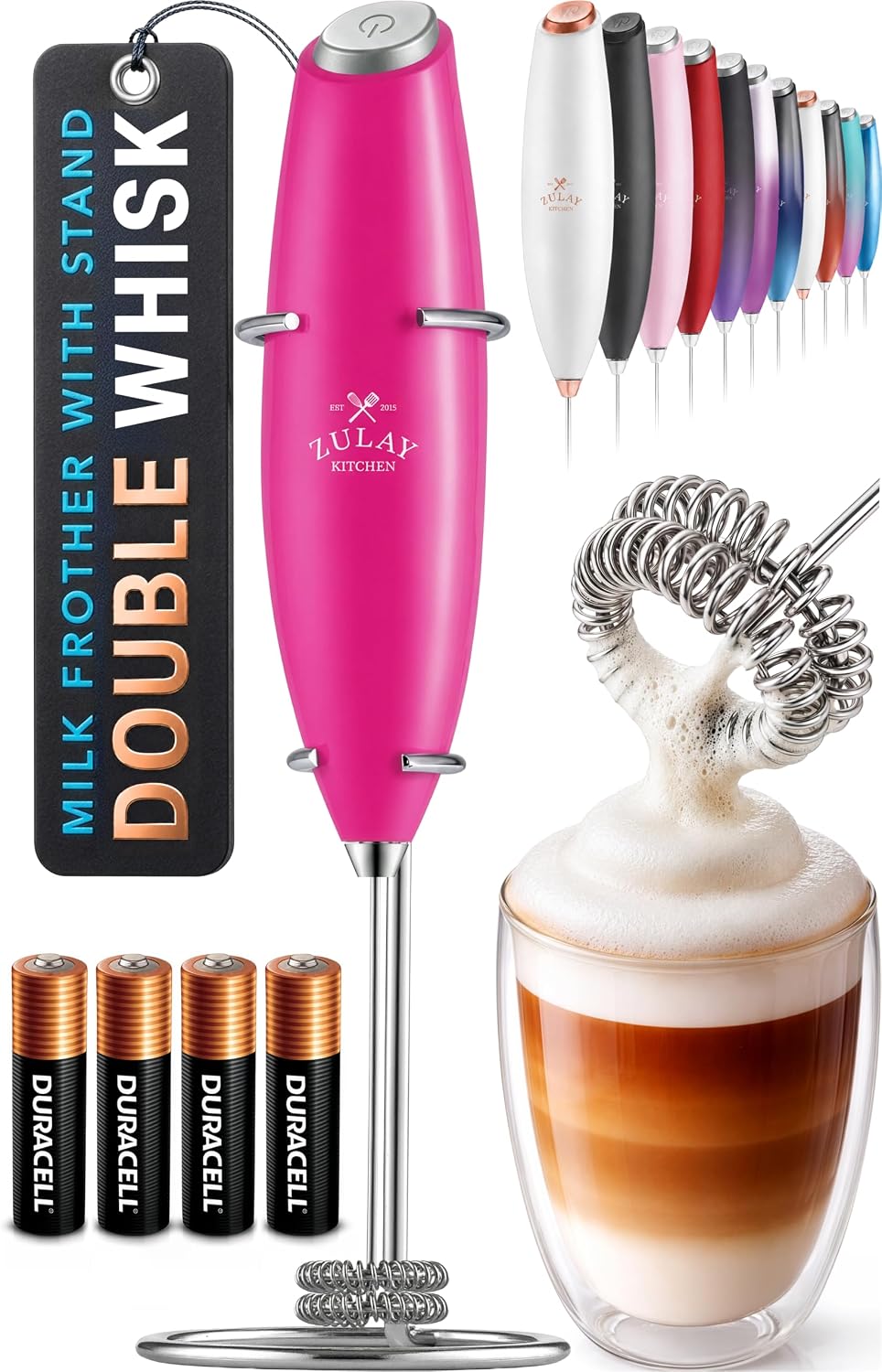 Zulay Kitchen Powerful Milk Frother Wand With Duracell Batteries - Ultra Fast Handheld Drink Mixer - Electric Whisk Foam Maker for Coffee, Lattes, Cappuccino & Matcha - Triple Whisk - Pale Cloud