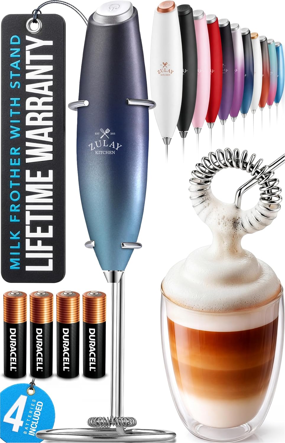 Zulay Kitchen Powerful Milk Frother Wand With Duracell Batteries - Ultra Fast Handheld Drink Mixer - Electric Whisk Foam Maker for Coffee, Lattes, Cappuccino & Matcha - Triple Whisk - Pale Cloud
