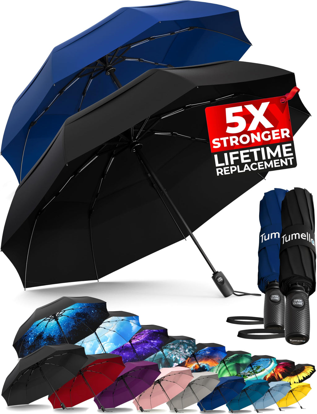 TUMELLA Strongest Windproof Travel Umbrella (Compact, 100MPH Wind-Tested), Light, Portable, One-Handed Use, Automatic Folding Rain Umbrella, Durable, Premium Grip, Fits Car & Backpack