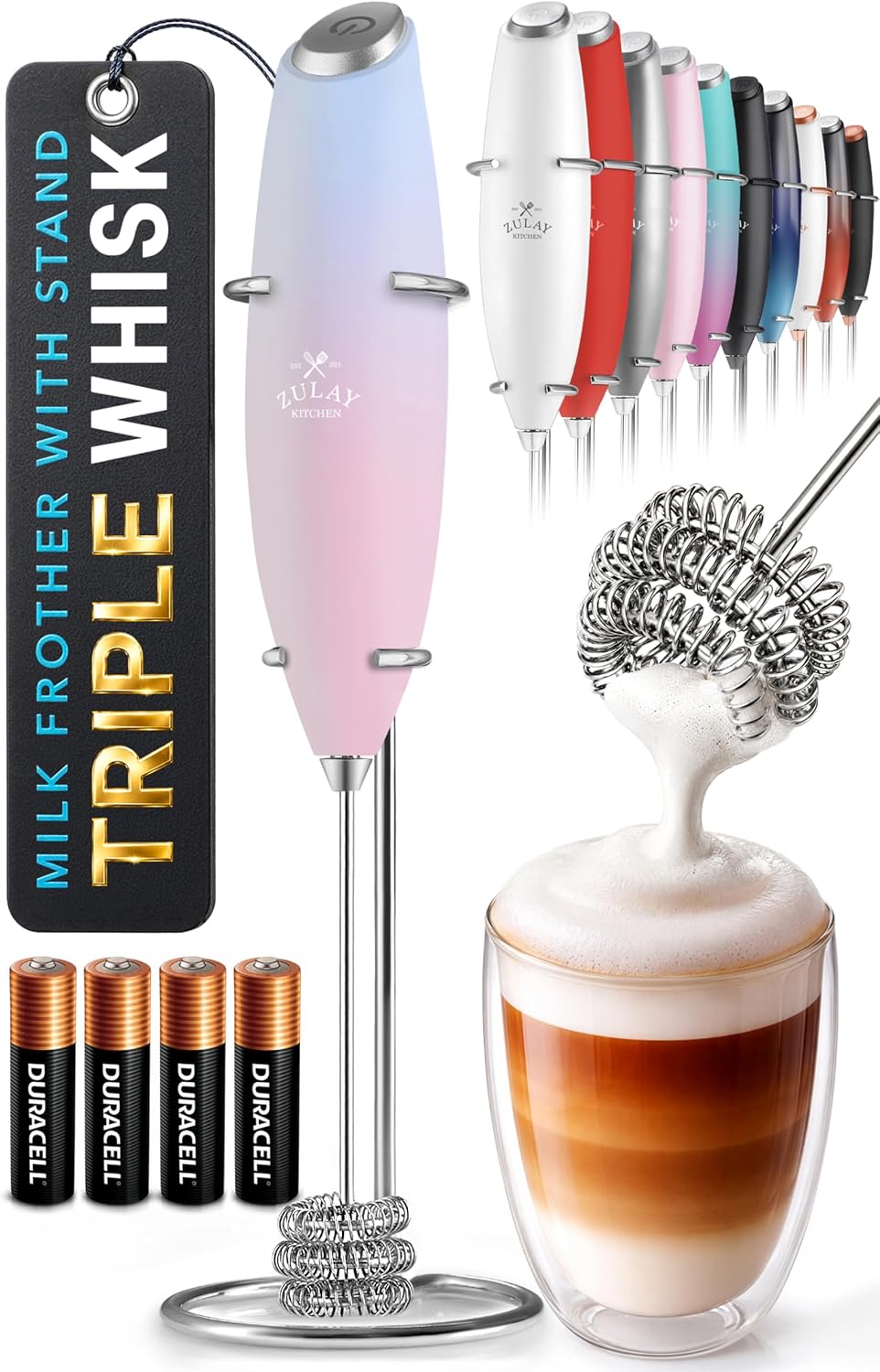 Zulay Kitchen Powerful Milk Frother Wand With Duracell Batteries - Ultra Fast Handheld Drink Mixer - Electric Whisk Foam Maker for Coffee, Lattes, Cappuccino & Matcha - Triple Whisk - Pale Cloud
