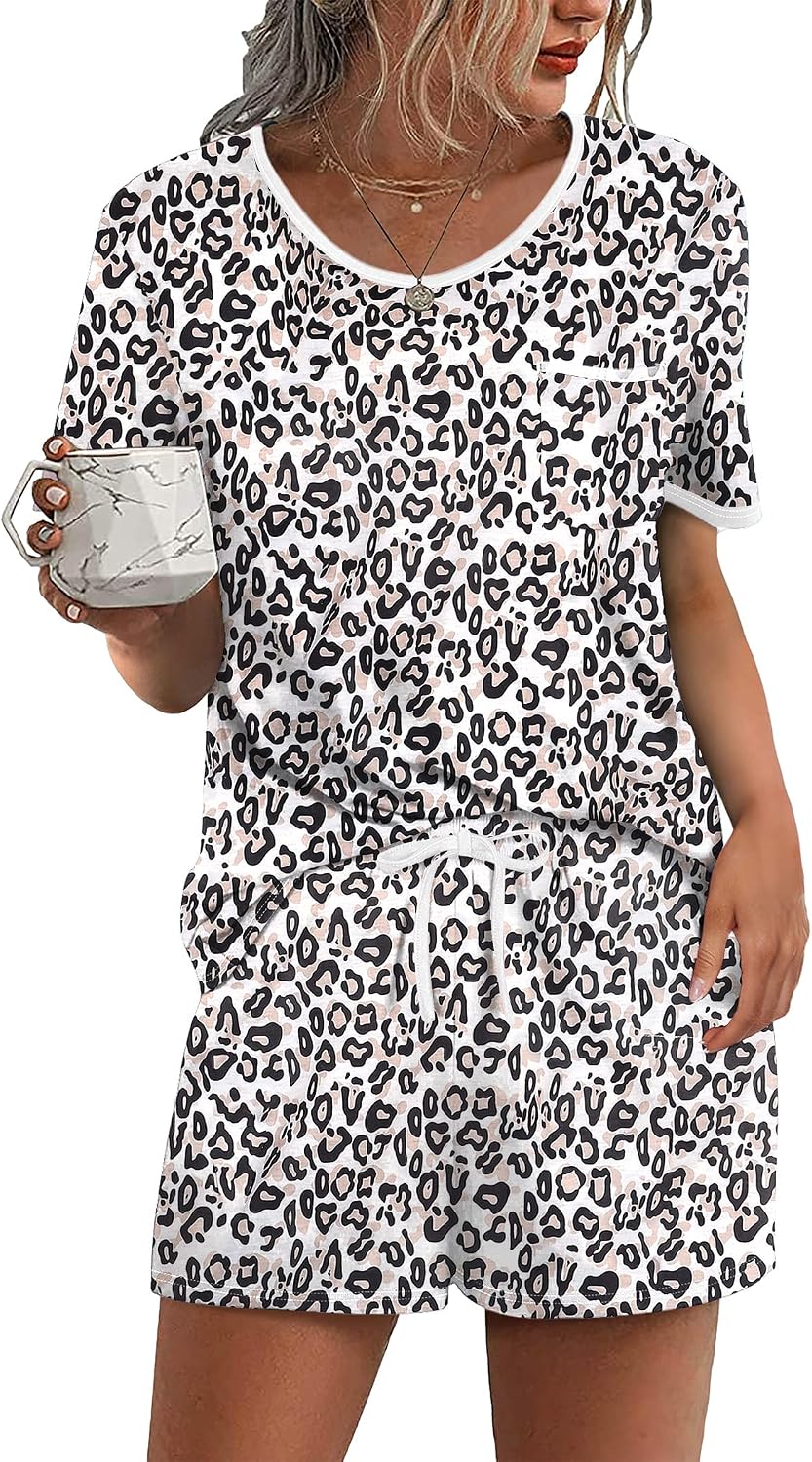 Ekouaer Pajamas for Womens Set 2 Piece Soft Sleepwear, Chest Pocket | Comfy Pjs, Casual Lounge Set, Short Sleeve Tops and Drawstring Shorts, Loungewear for Spring Summer Fall Winter