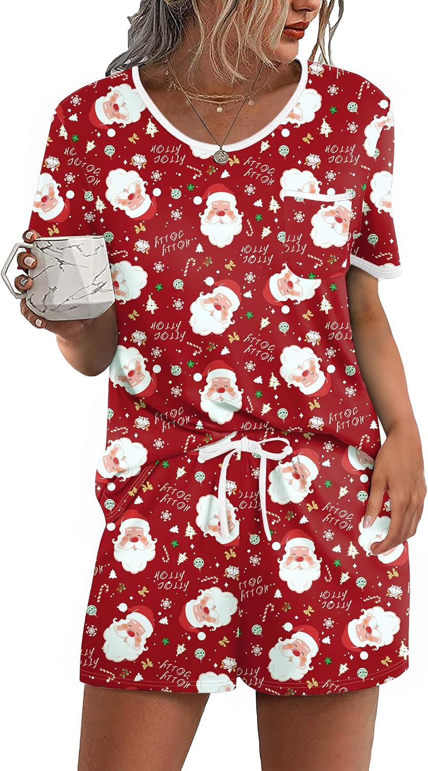 Ekouaer Pajamas for Womens Set 2 Piece Soft Sleepwear, Chest Pocket | Comfy Pjs, Casual Lounge Set, Short Sleeve Tops and Drawstring Shorts, Loungewear for Spring Summer Fall Winter