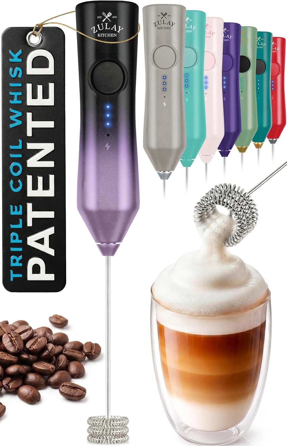 Zulay Kitchen Powerful Milk Frother Wand With Duracell Batteries - Ultra Fast Handheld Drink Mixer - Electric Whisk Foam Maker for Coffee, Lattes, Cappuccino & Matcha - Triple Whisk - Pale Cloud