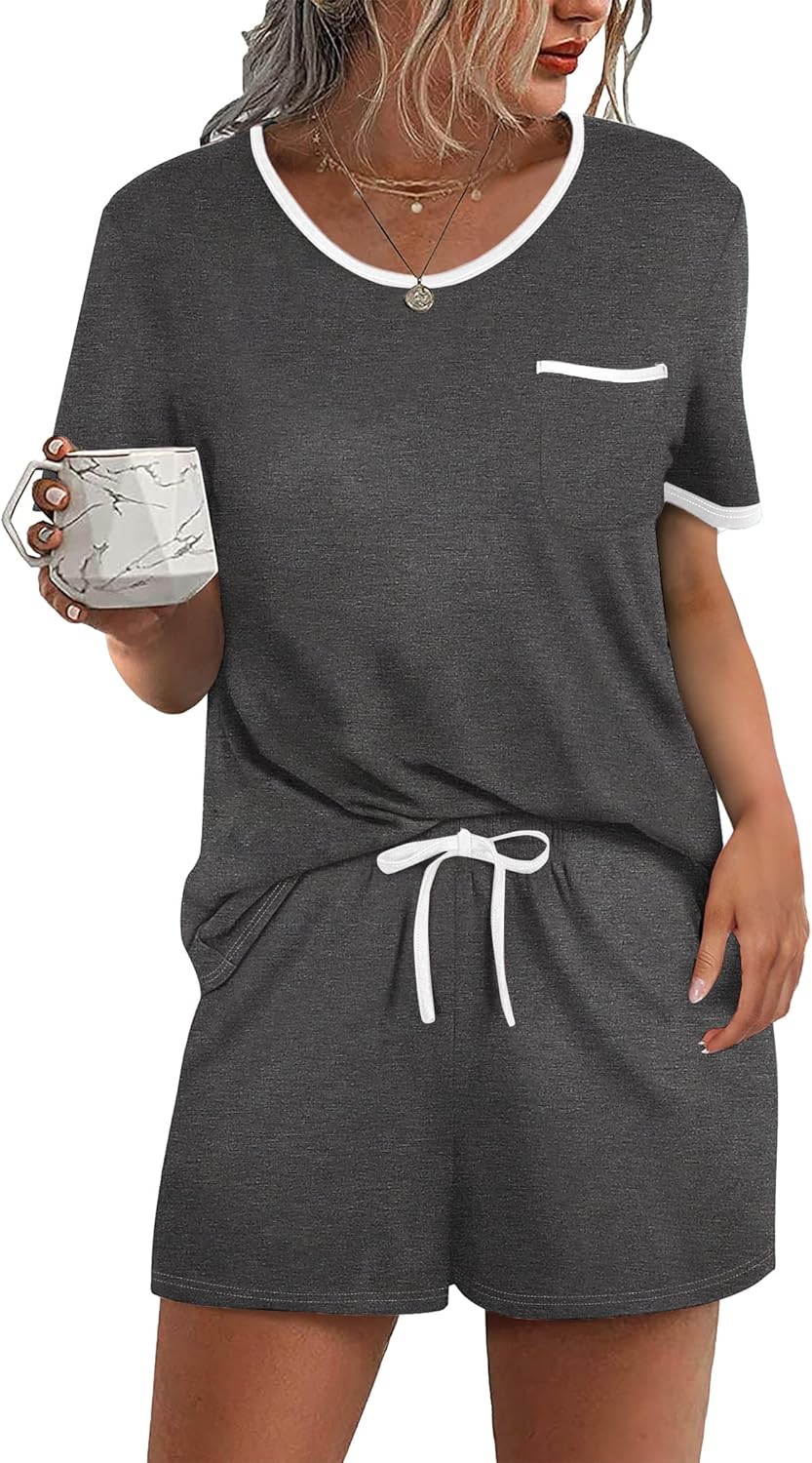 Ekouaer Pajamas for Womens Set 2 Piece Soft Sleepwear, Chest Pocket | Comfy Pjs, Casual Lounge Set, Short Sleeve Tops and Drawstring Shorts, Loungewear for Spring Summer Fall Winter